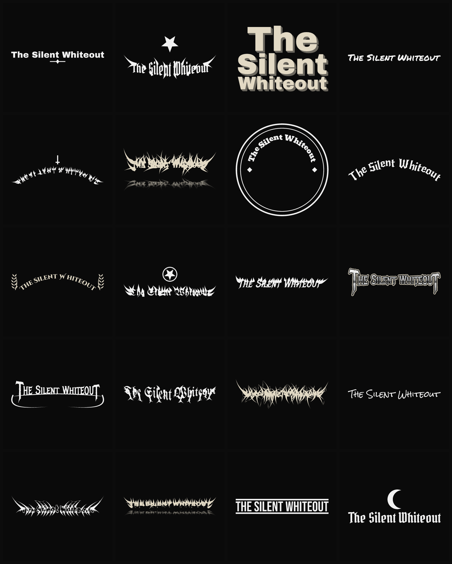 Twenty The Silent Whiteout band logo ideas — different faces, treatments and spike settings