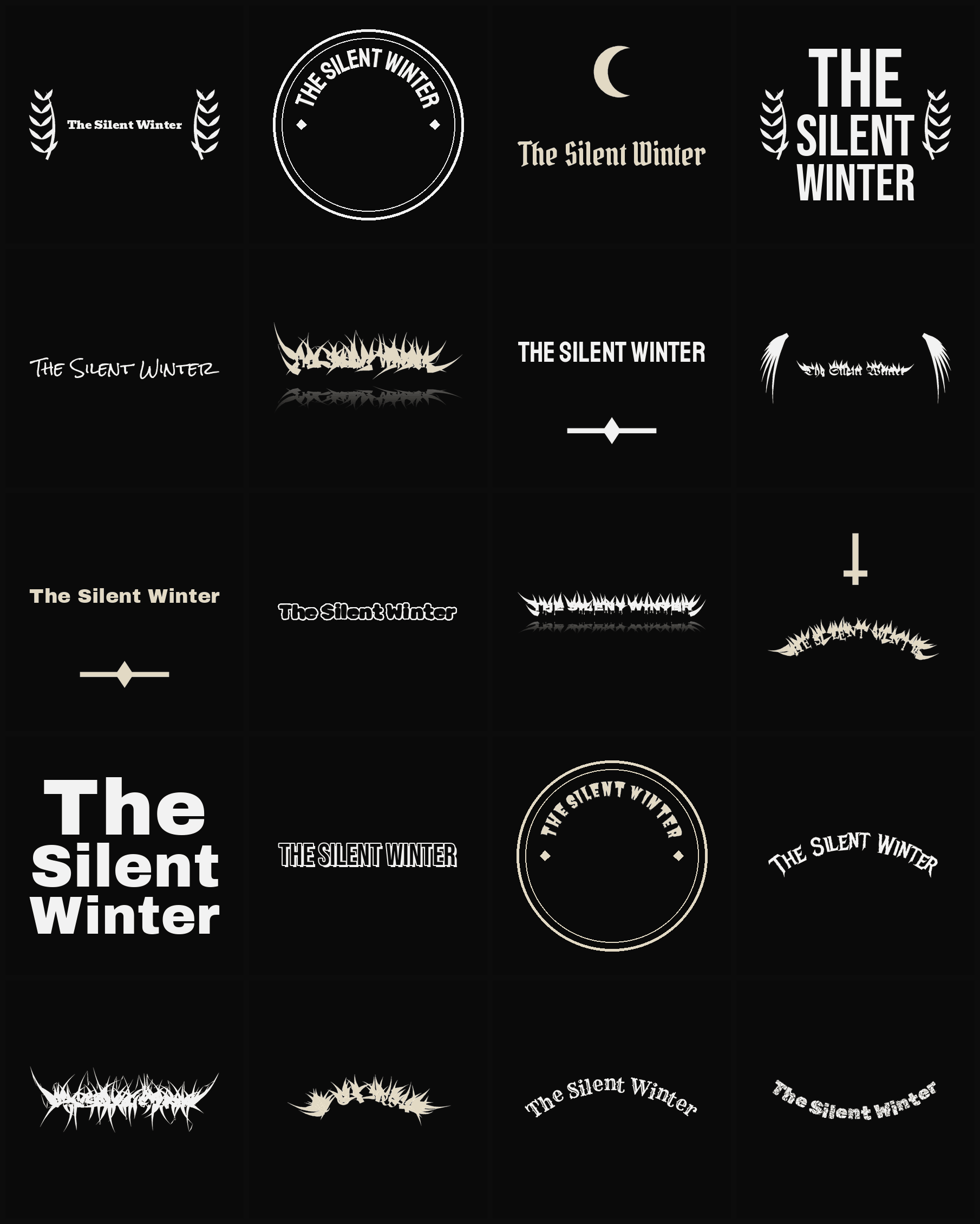 Twenty The Silent Winter band logo ideas — different faces, treatments and spike settings