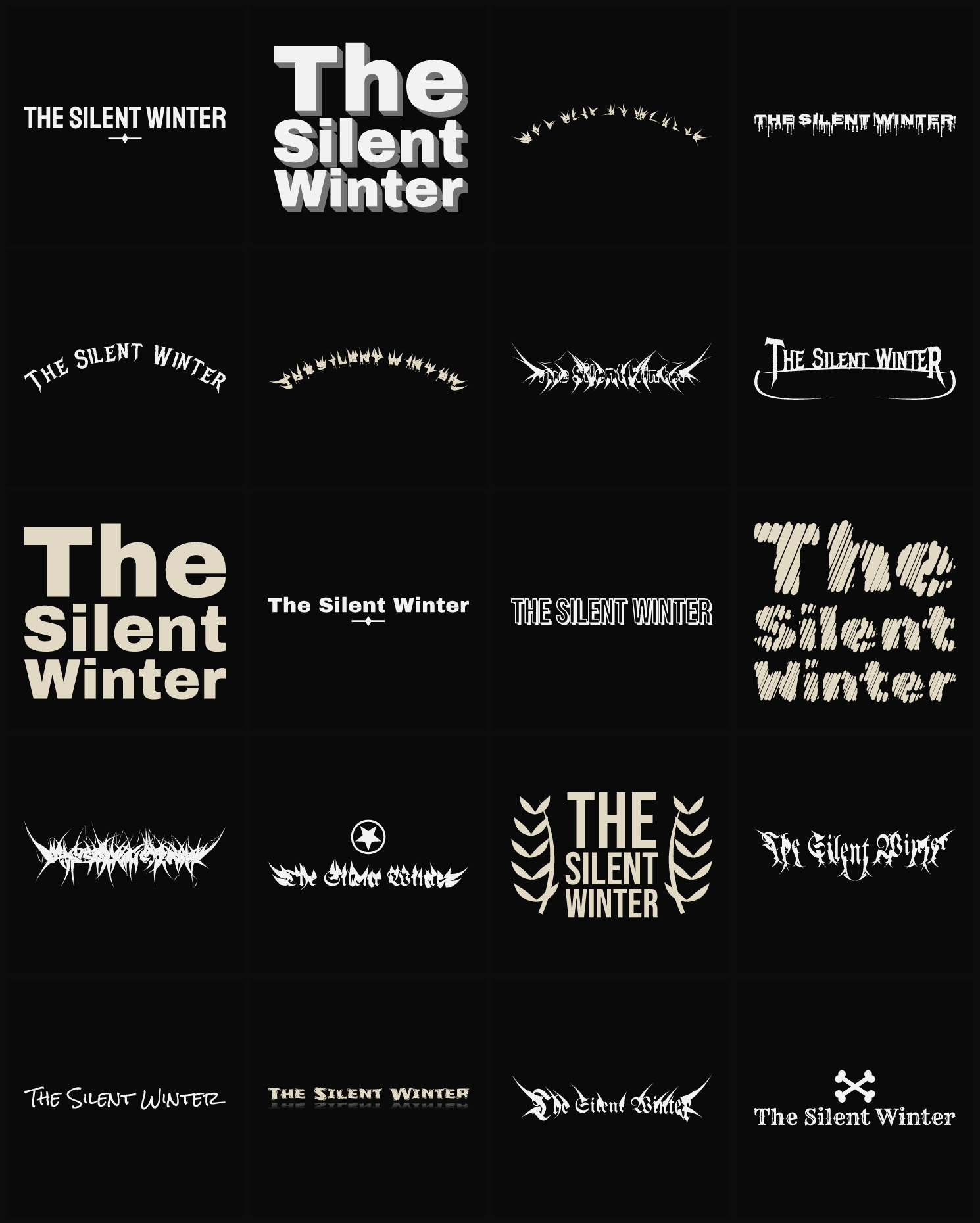 Twenty The Silent Winter band logo ideas — different faces, treatments and spike settings
