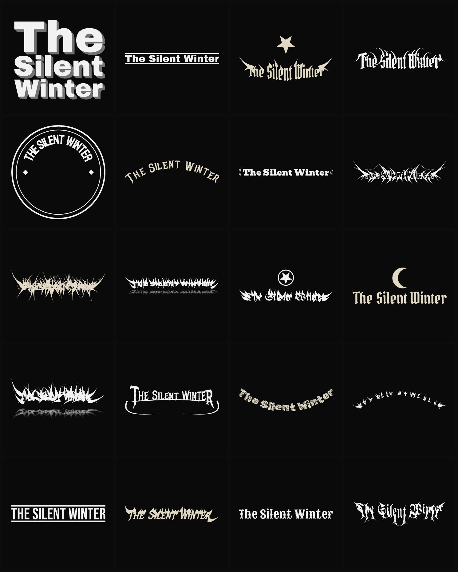 Twenty The Silent Winter band logo ideas — different faces, treatments and spike settings