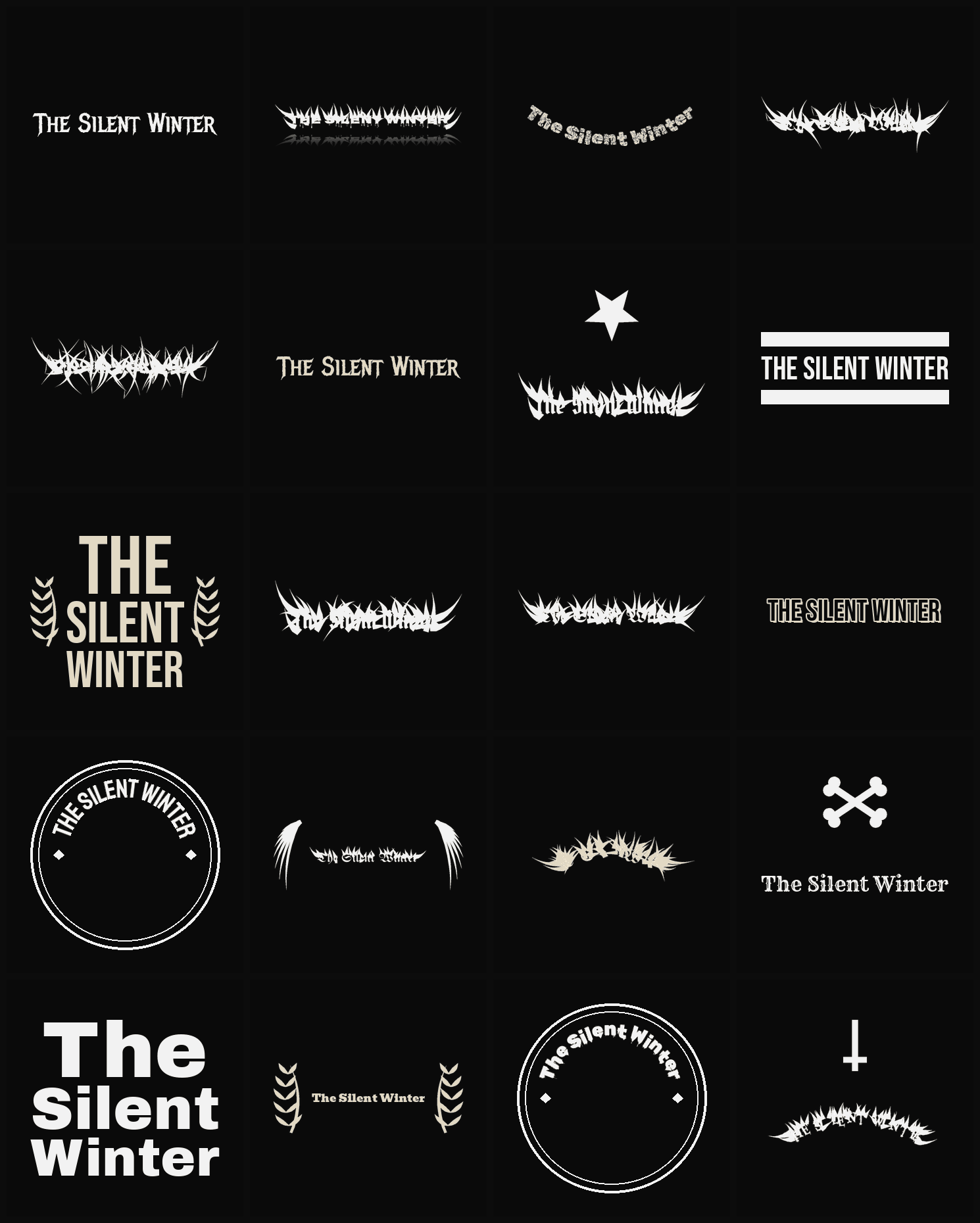 Twenty The Silent Winter band logo ideas — different faces, treatments and spike settings