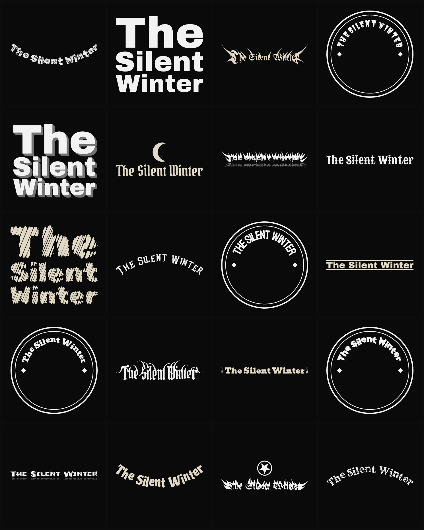 Twenty The Silent Winter band logo ideas — different faces, treatments and spike settings
