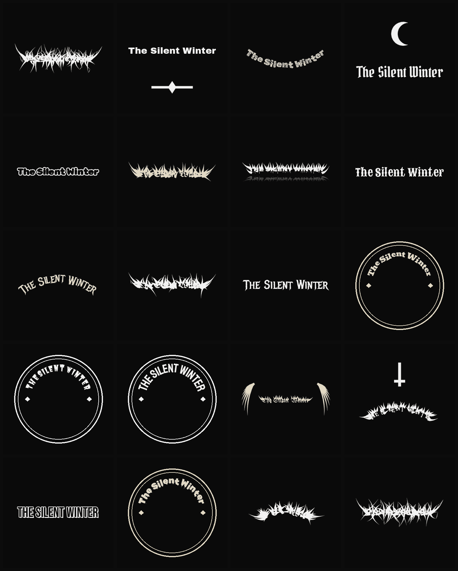 Twenty The Silent Winter band logo ideas — different faces, treatments and spike settings