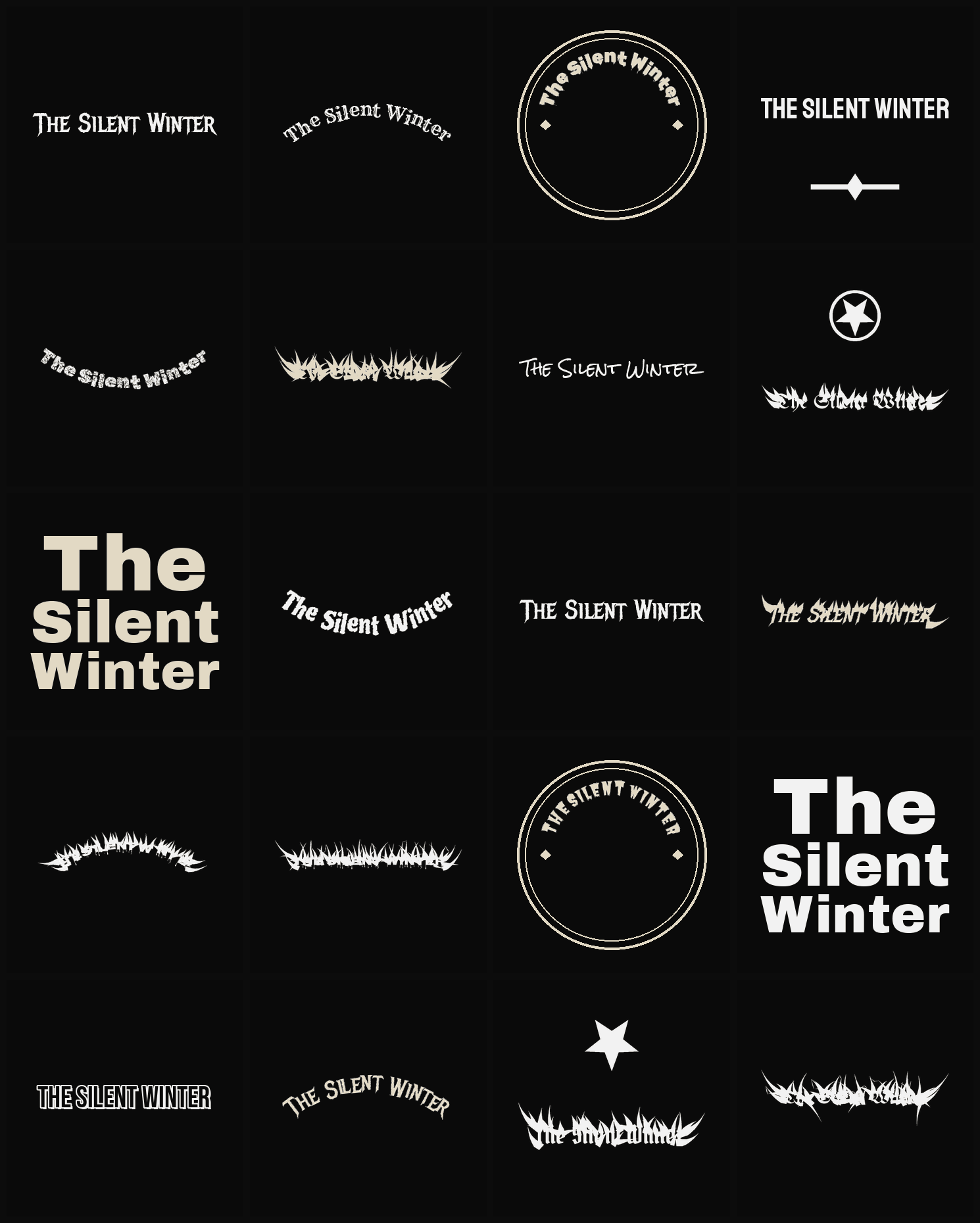 Twenty The Silent Winter band logo ideas — different faces, treatments and spike settings