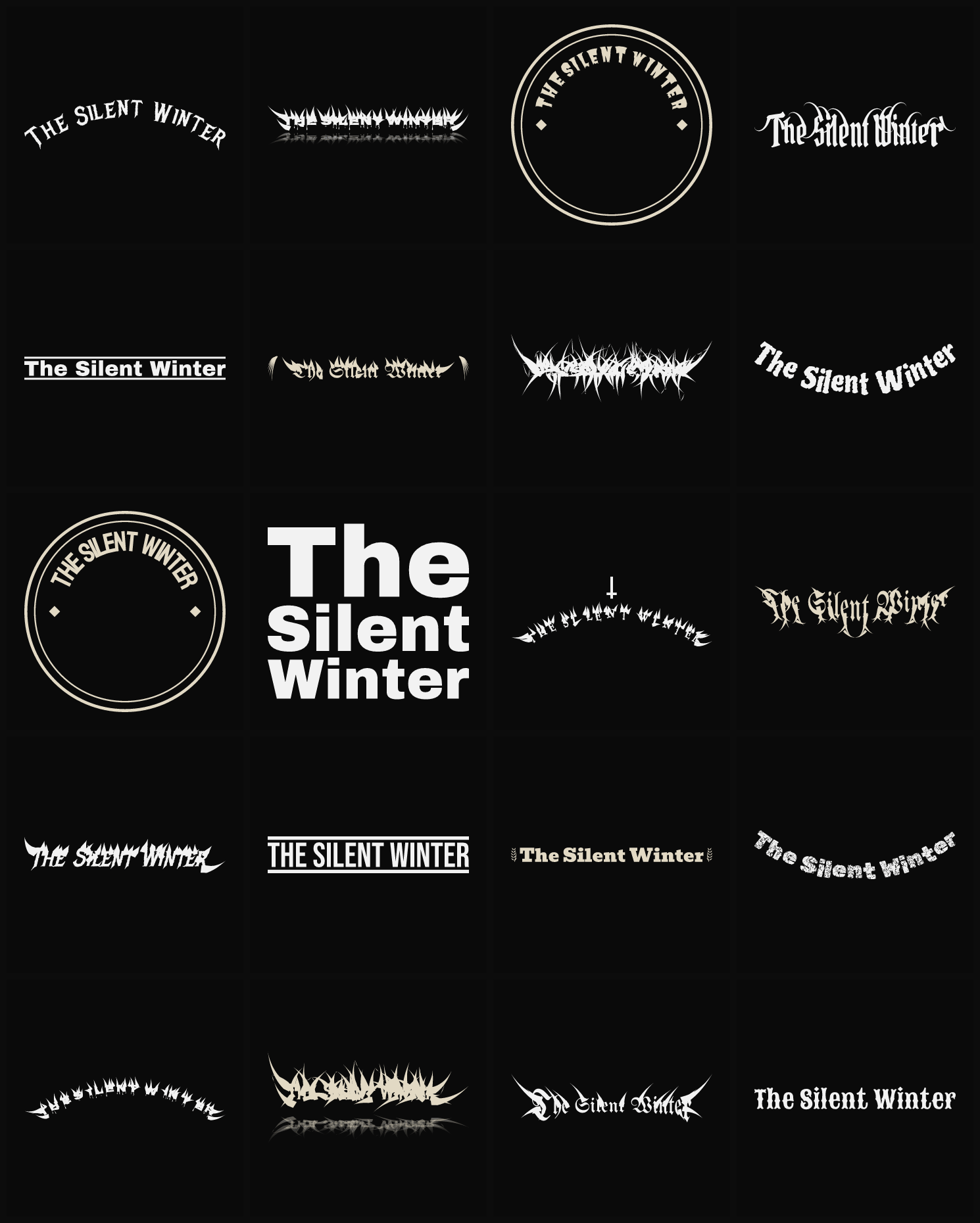 Twenty The Silent Winter band logo ideas — different faces, treatments and spike settings