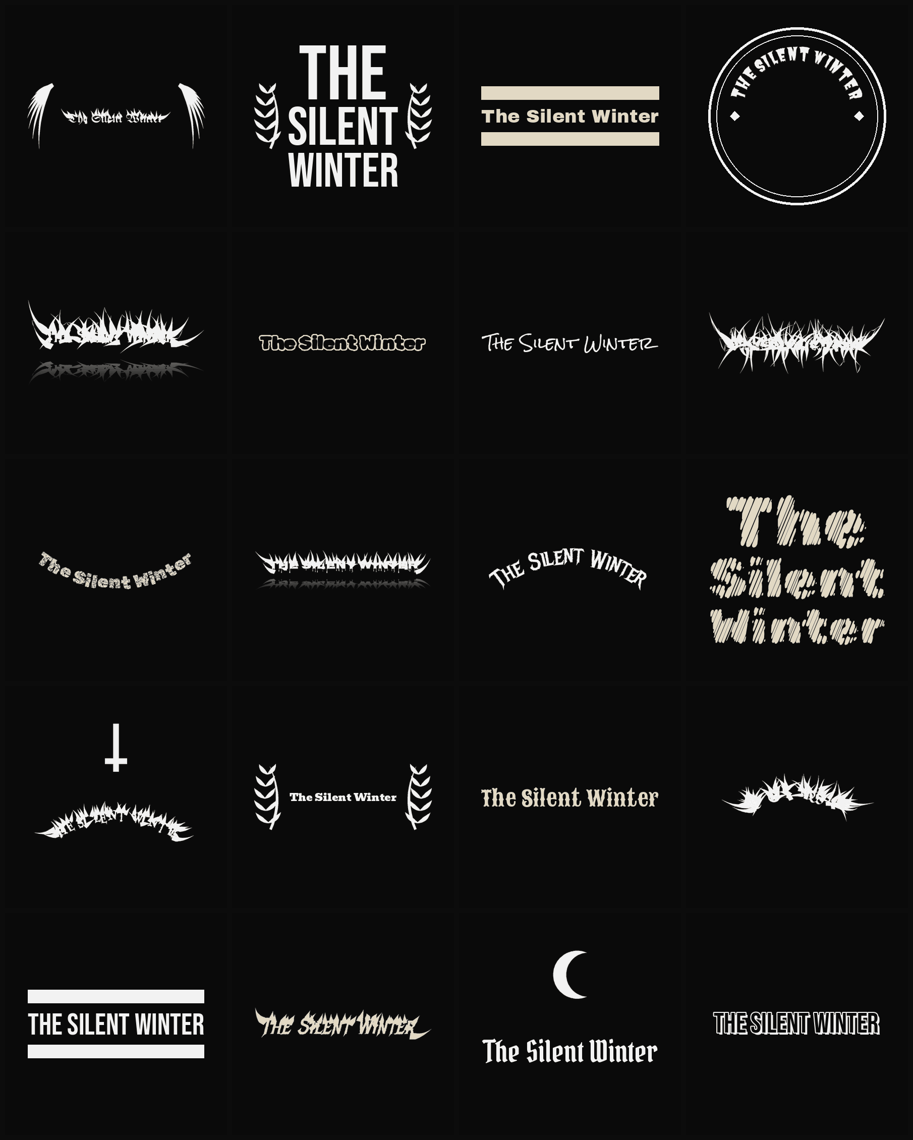 Twenty The Silent Winter band logo ideas — different faces, treatments and spike settings