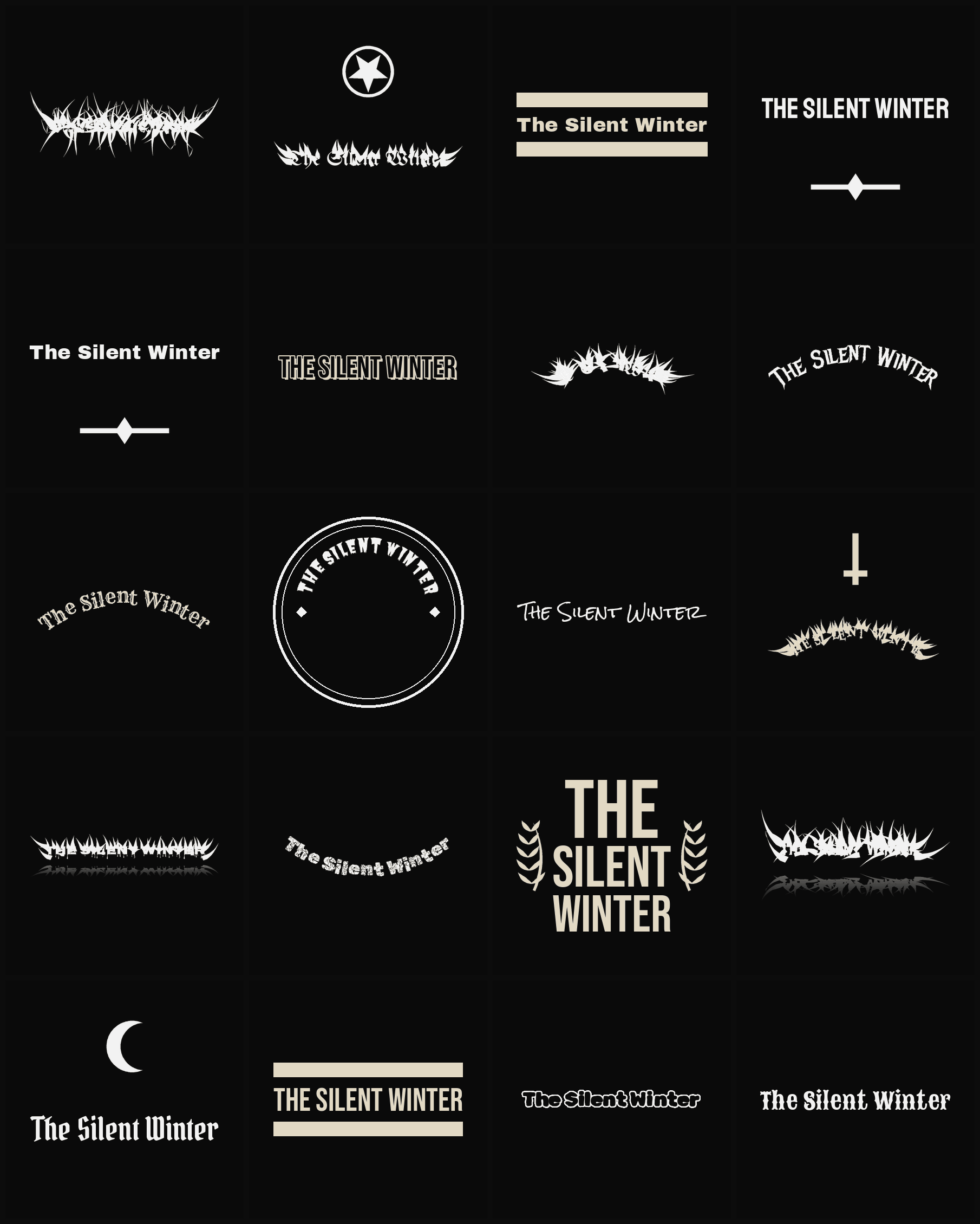 Twenty The Silent Winter band logo ideas — different faces, treatments and spike settings