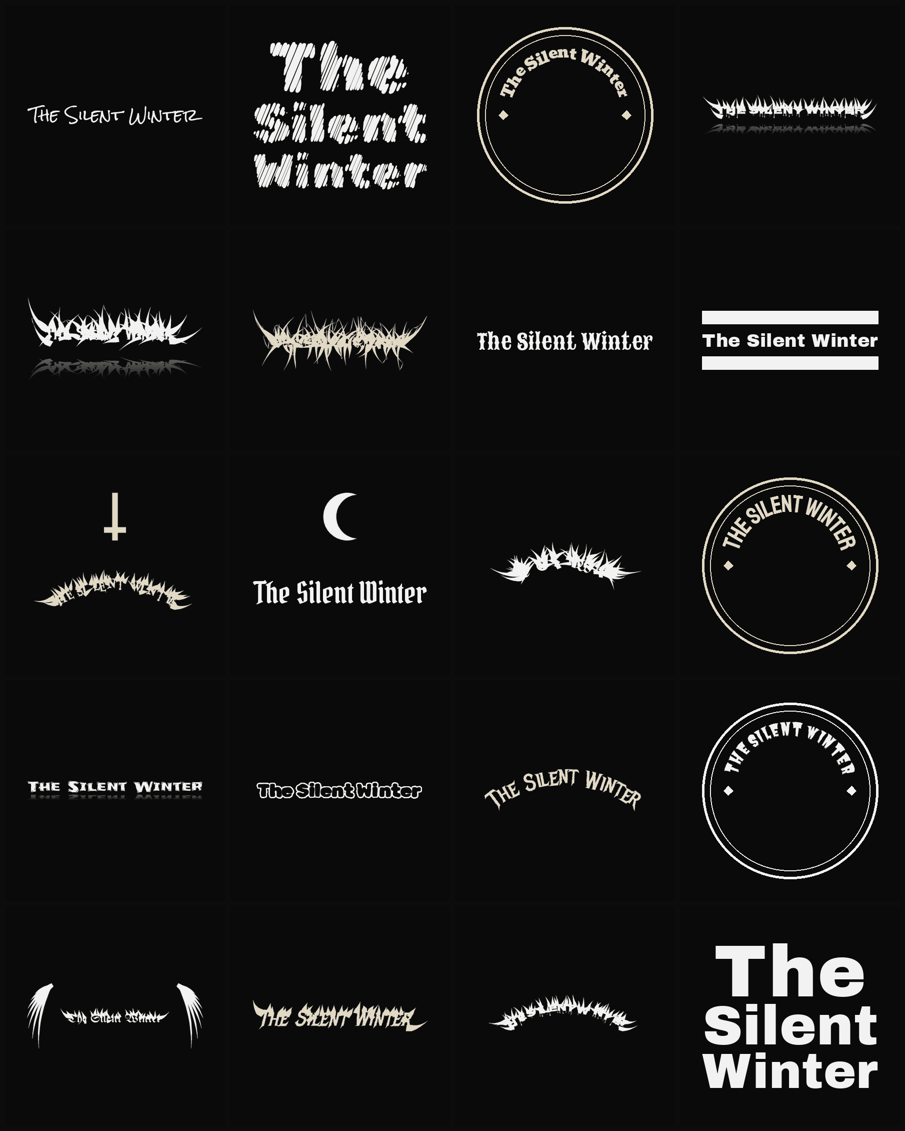 Twenty The Silent Winter band logo ideas — different faces, treatments and spike settings