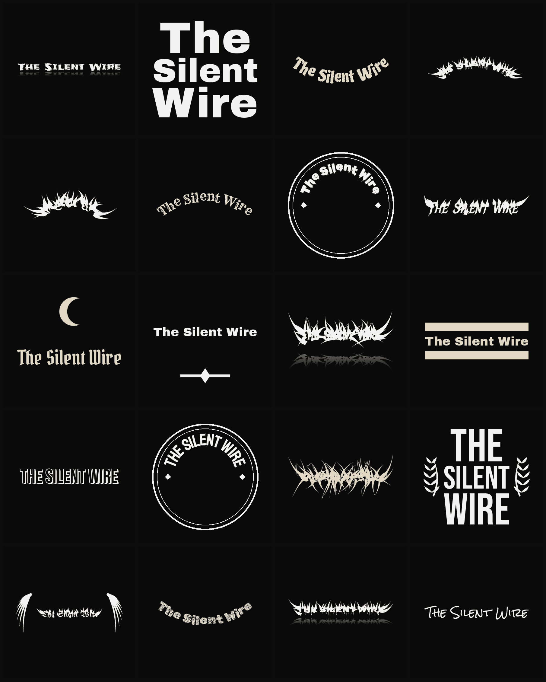Twenty The Silent Wire band logo ideas — different faces, treatments and spike settings