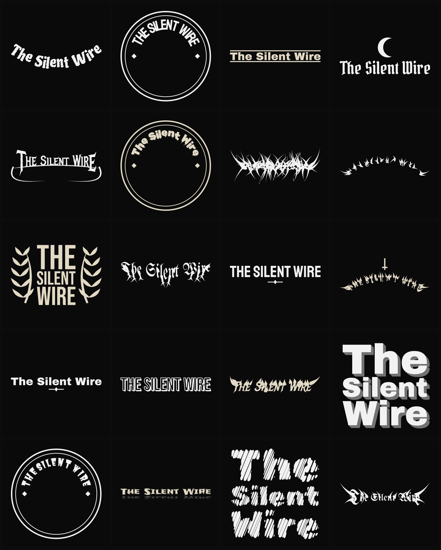 Twenty The Silent Wire band logo ideas — different faces, treatments and spike settings