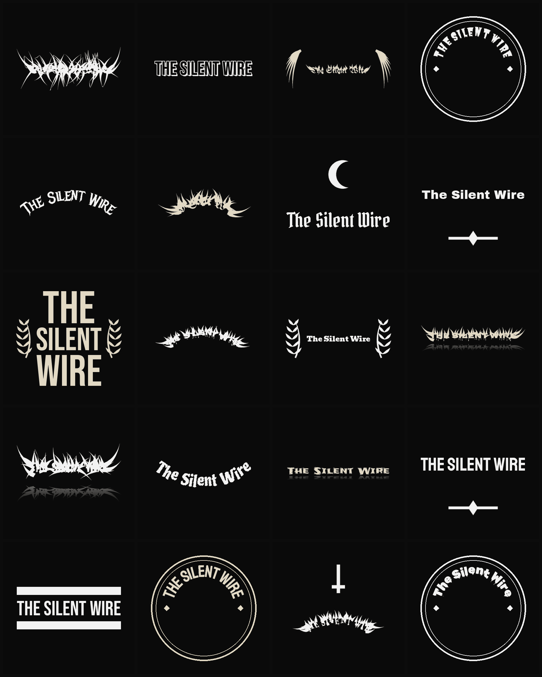 Twenty The Silent Wire band logo ideas — different faces, treatments and spike settings