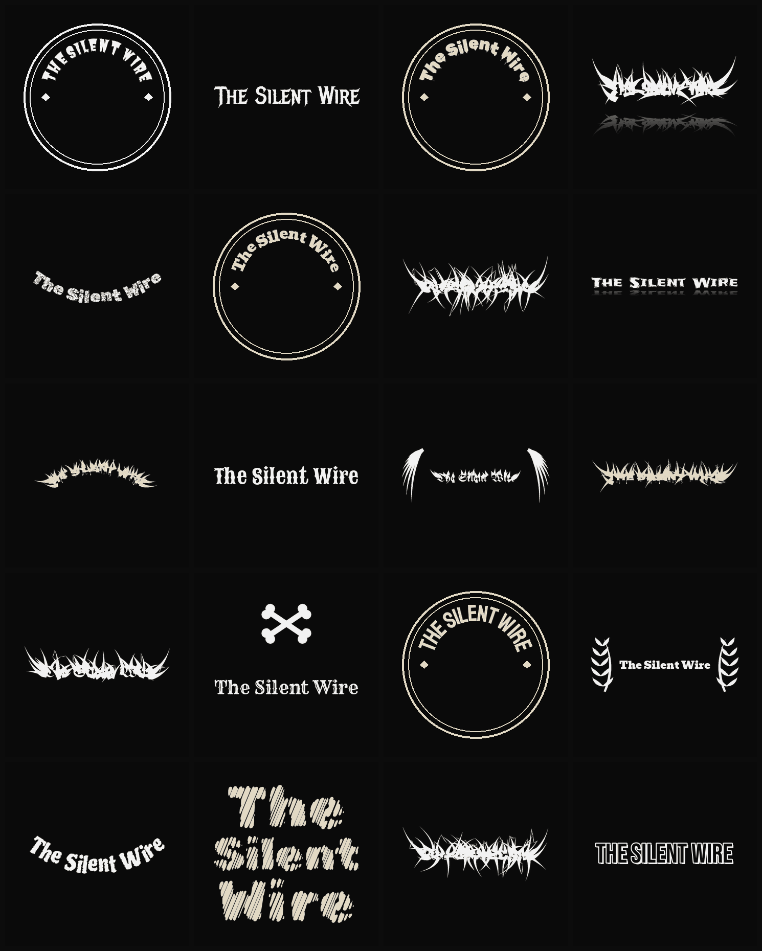 Twenty The Silent Wire band logo ideas — different faces, treatments and spike settings