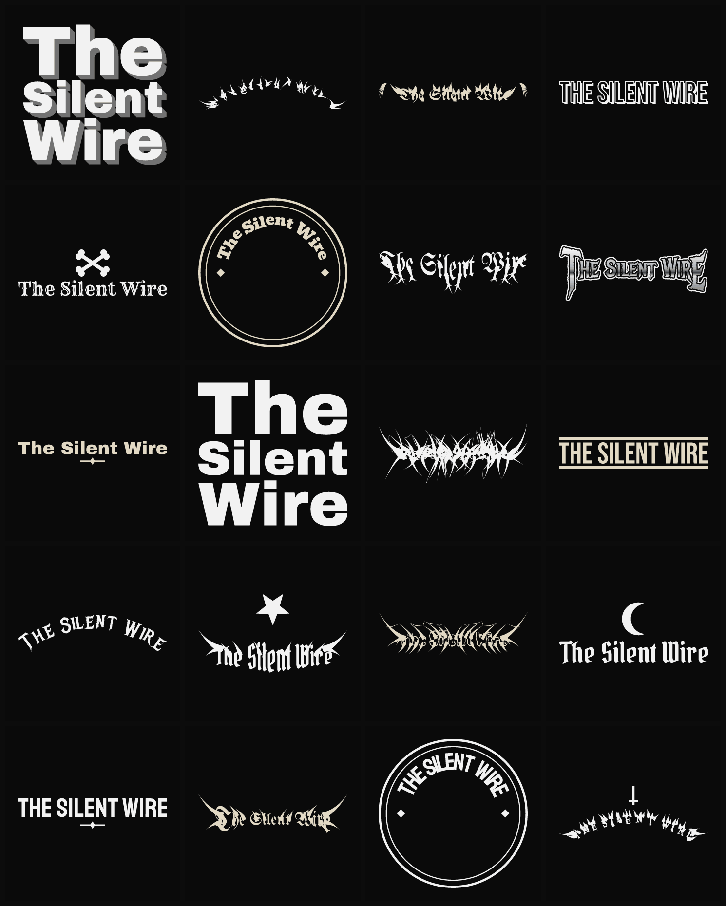 Twenty The Silent Wire band logo ideas — different faces, treatments and spike settings