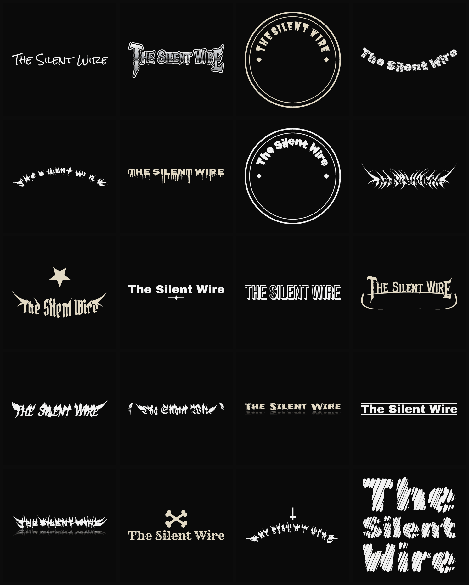 Twenty The Silent Wire band logo ideas — different faces, treatments and spike settings