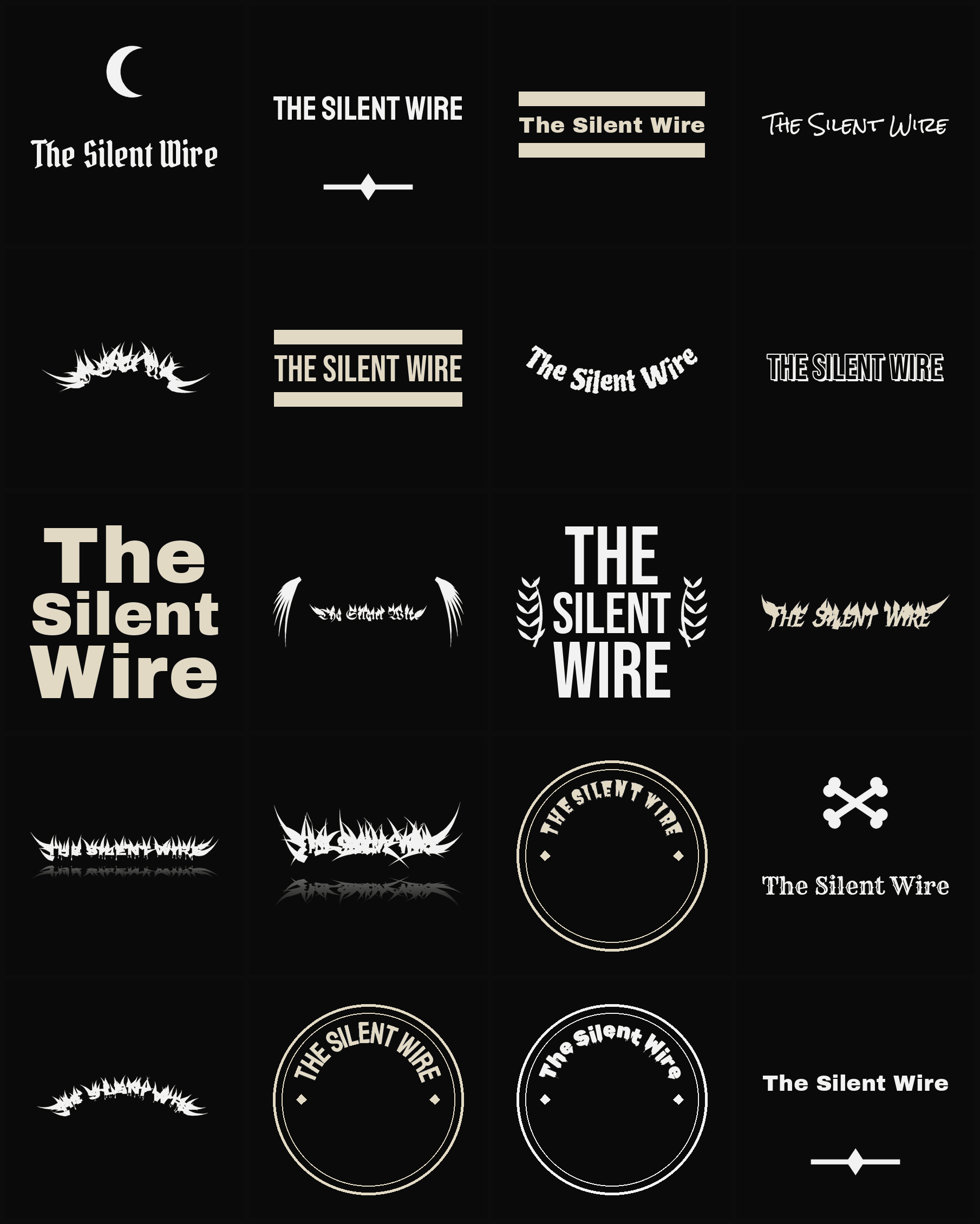 Twenty The Silent Wire band logo ideas — different faces, treatments and spike settings