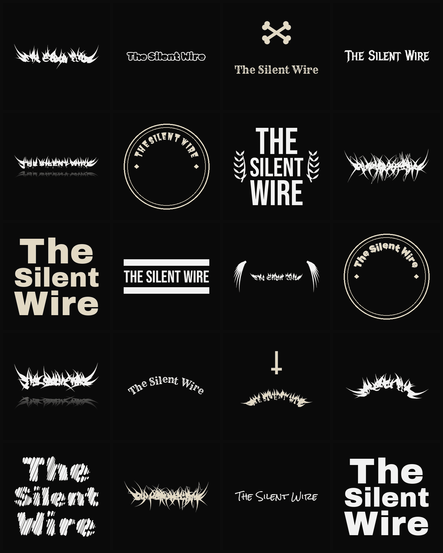 Twenty The Silent Wire band logo ideas — different faces, treatments and spike settings