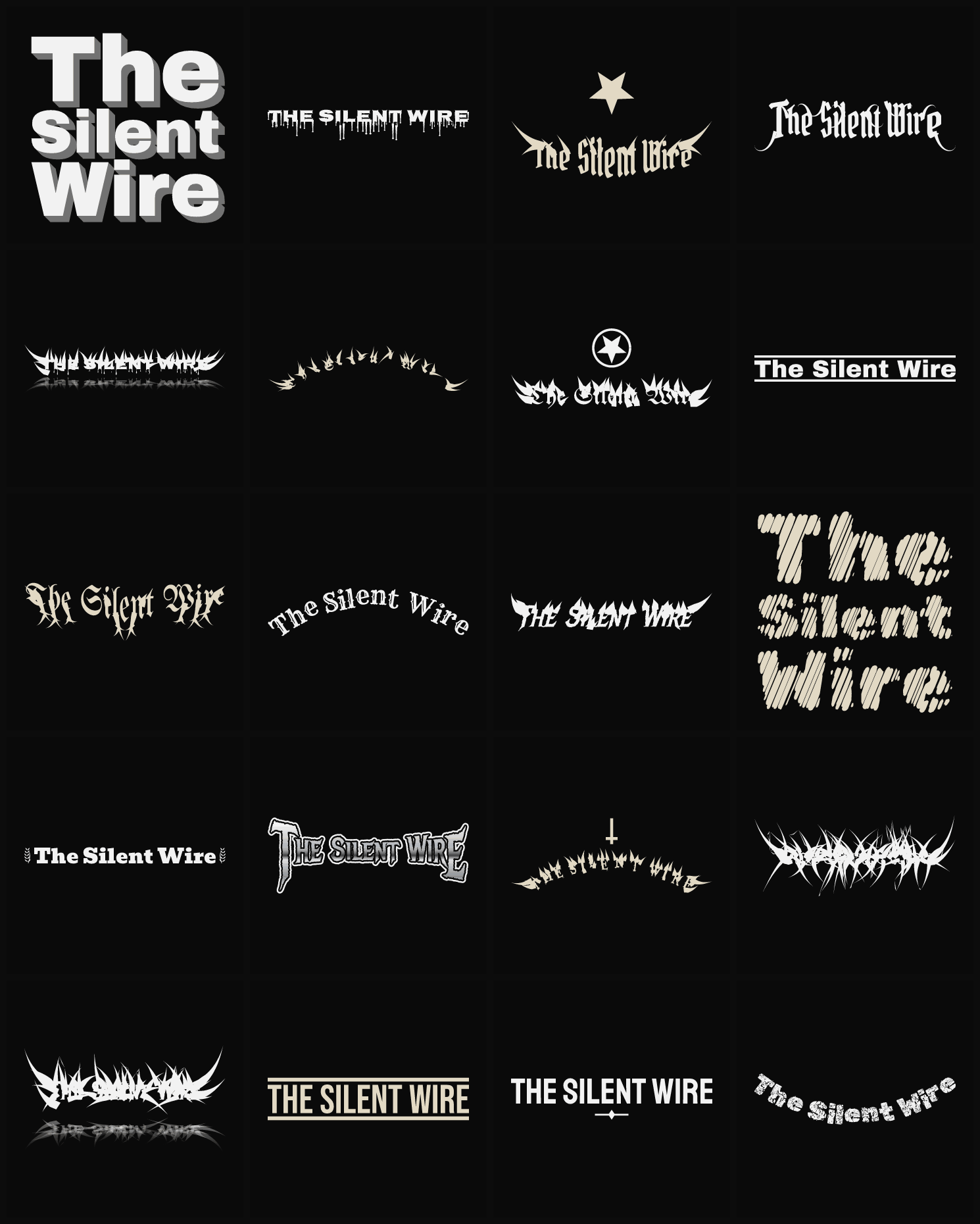 Twenty The Silent Wire band logo ideas — different faces, treatments and spike settings
