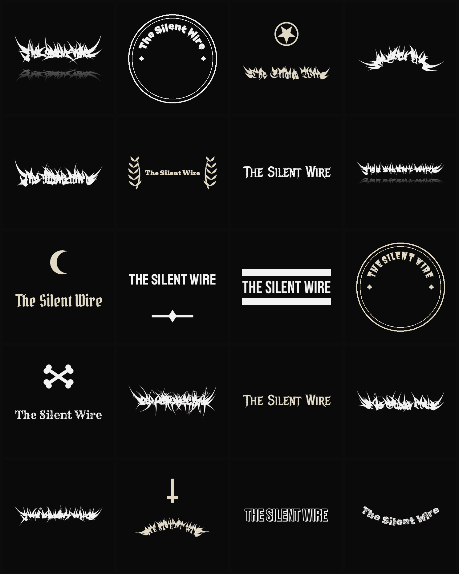 Twenty The Silent Wire band logo ideas — different faces, treatments and spike settings