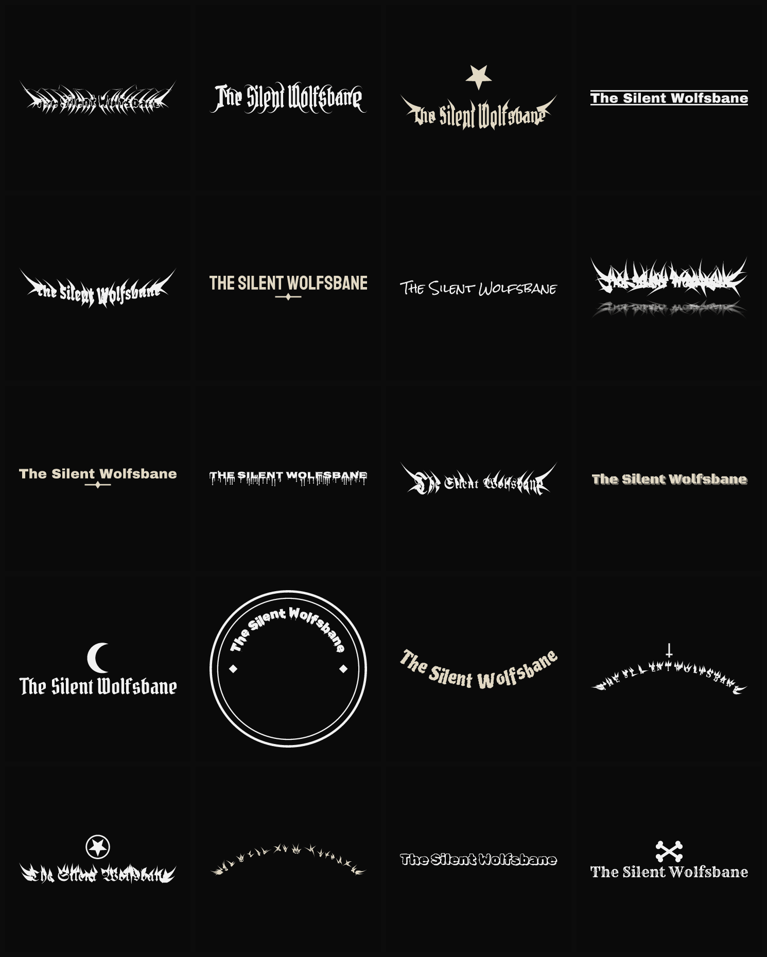 Twenty The Silent Wolfsbane band logo ideas — different faces, treatments and spike settings