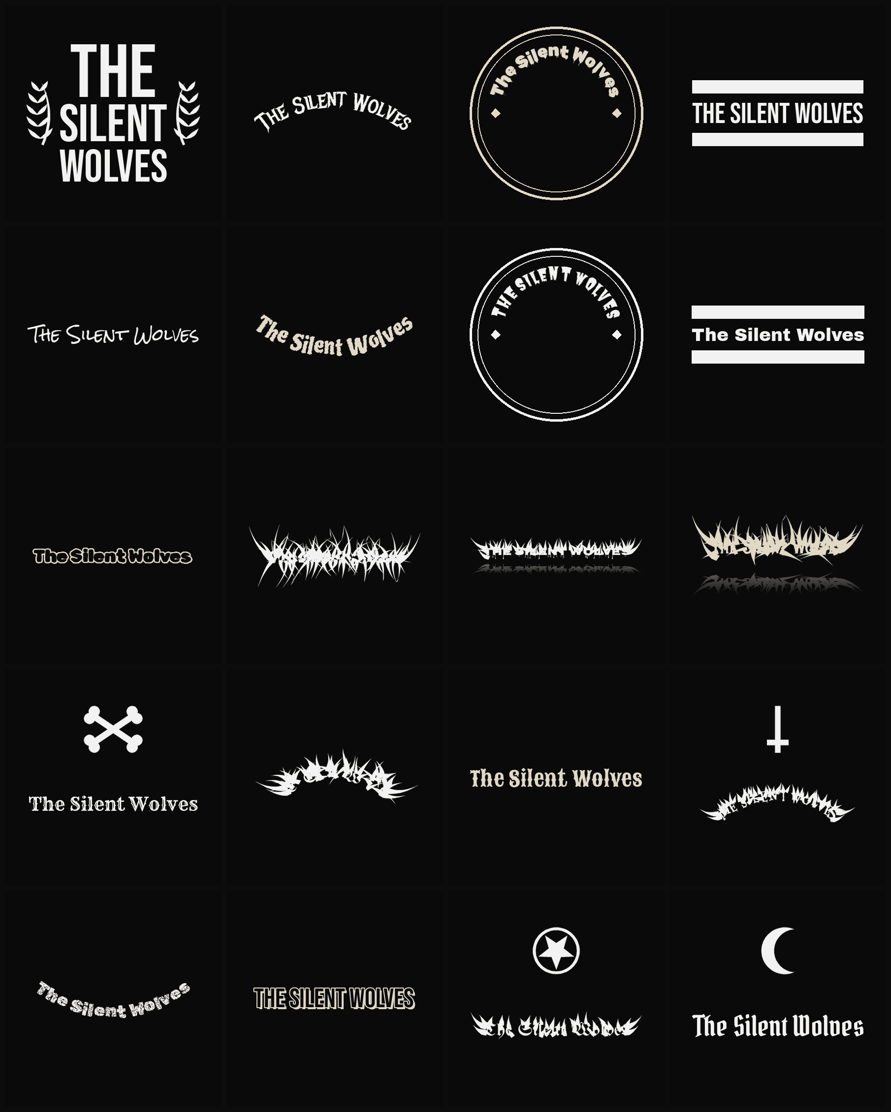 Twenty The Silent Wolves band logo ideas — different faces, treatments and spike settings