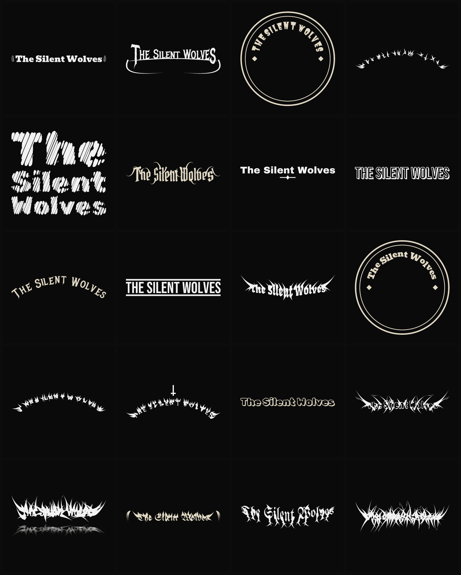 Twenty The Silent Wolves band logo ideas — different faces, treatments and spike settings
