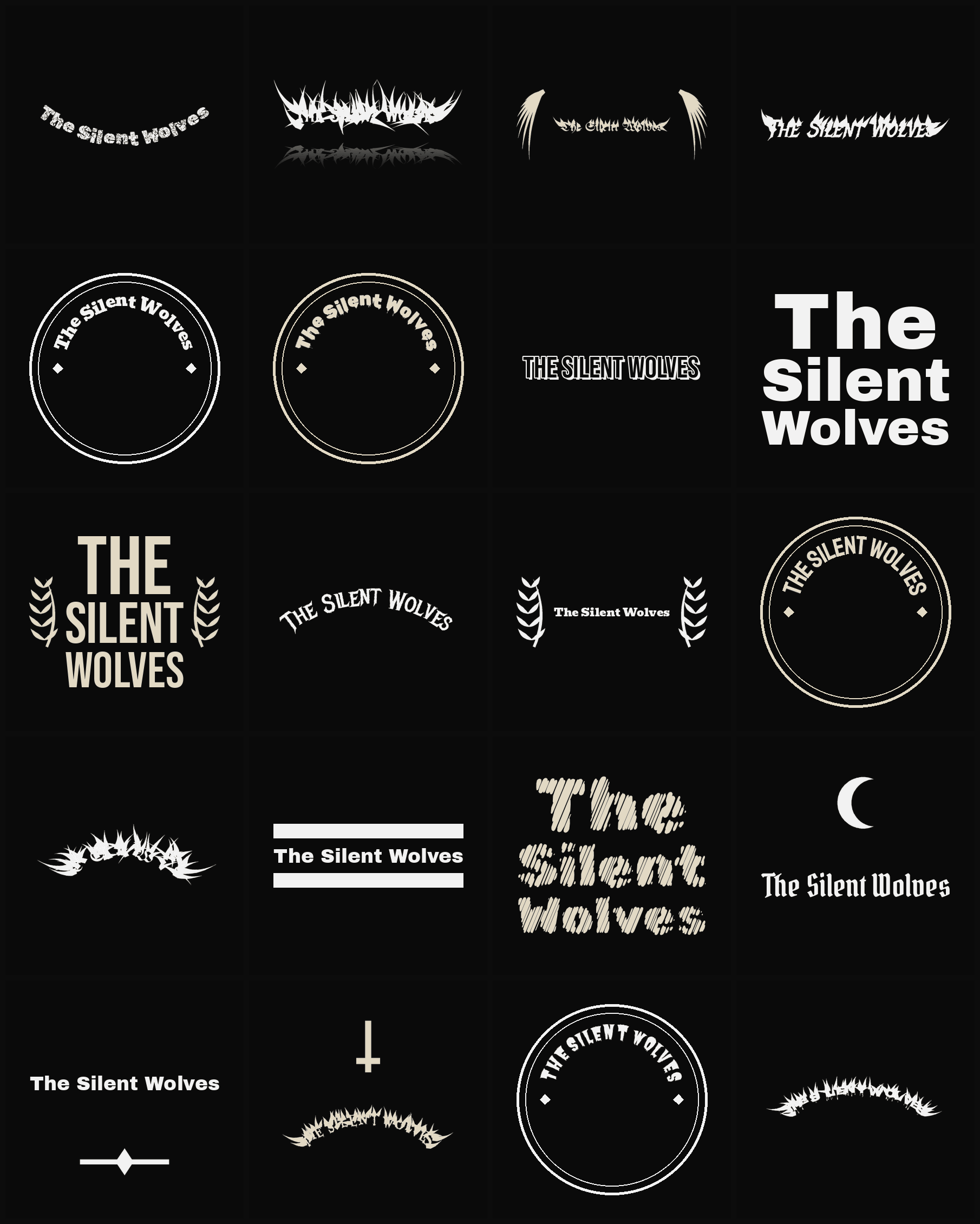 Twenty The Silent Wolves band logo ideas — different faces, treatments and spike settings