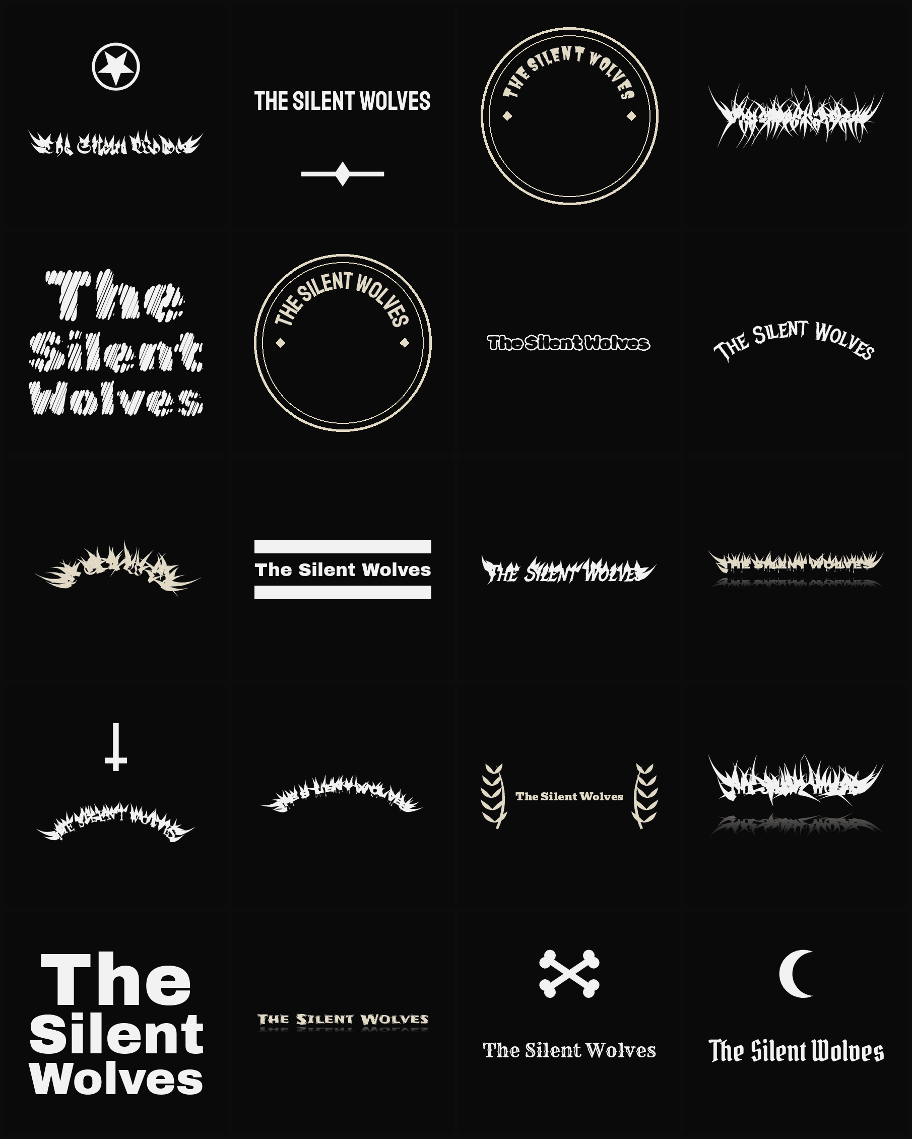 Twenty The Silent Wolves band logo ideas — different faces, treatments and spike settings