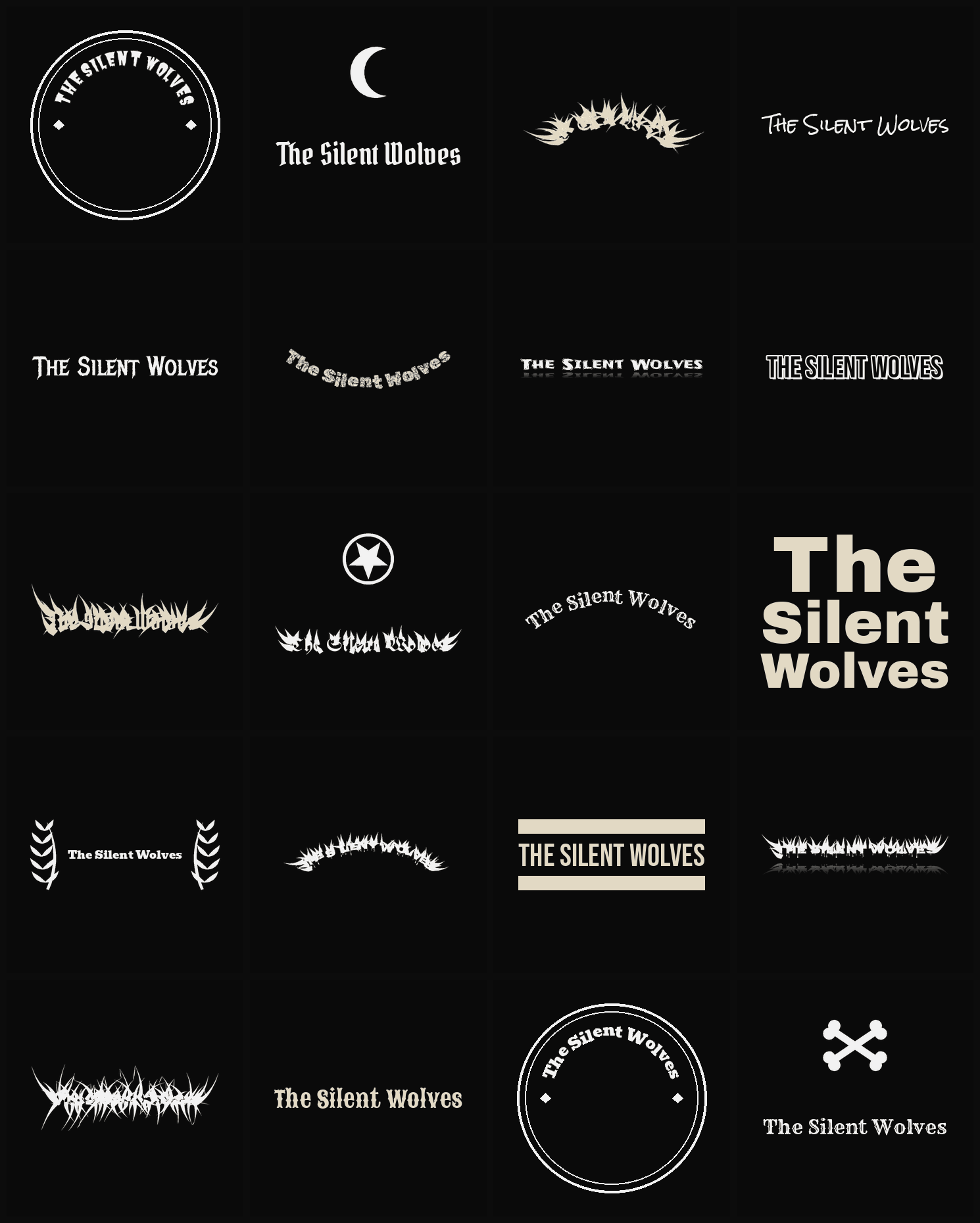 Twenty The Silent Wolves band logo ideas — different faces, treatments and spike settings
