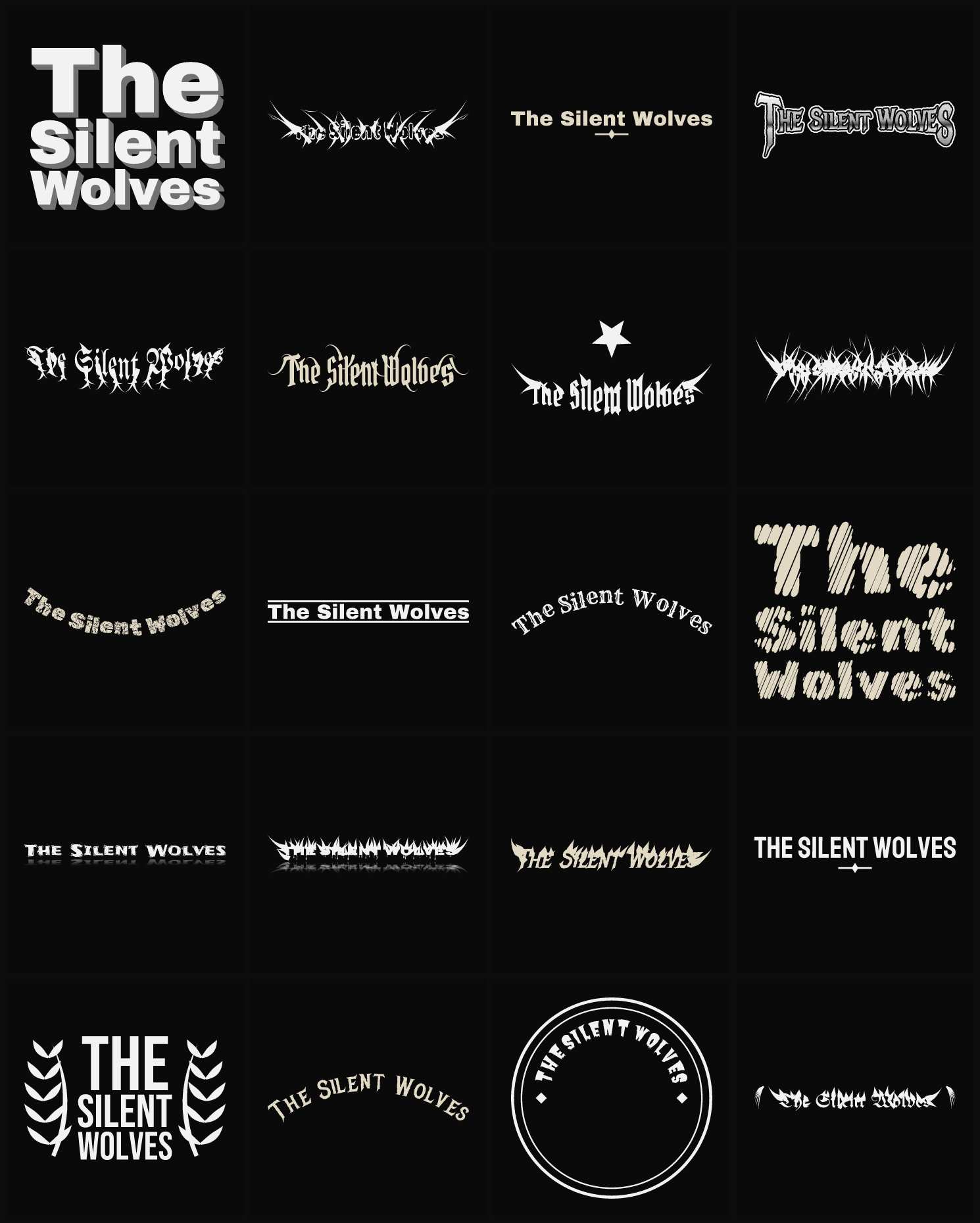 Twenty The Silent Wolves band logo ideas — different faces, treatments and spike settings
