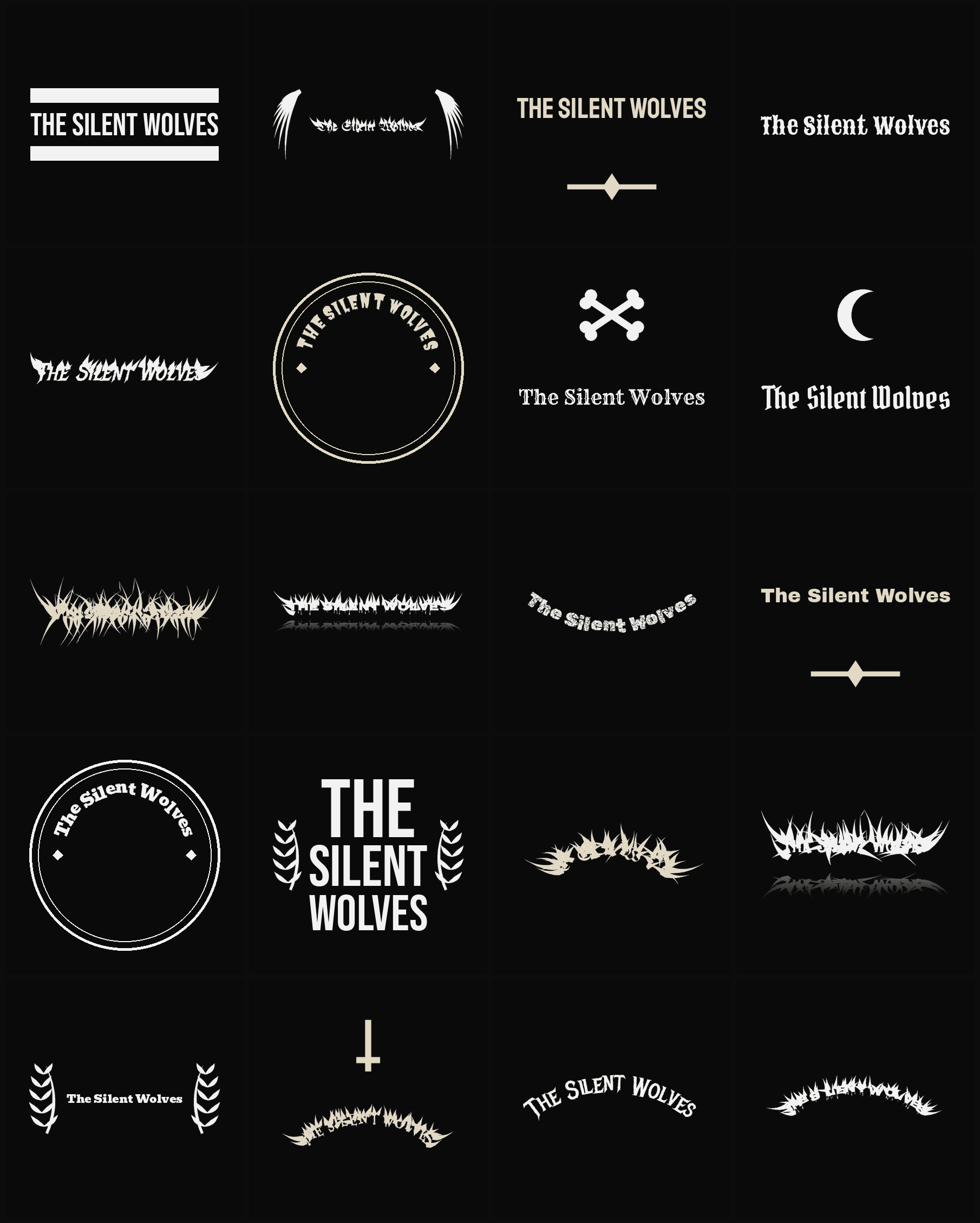 Twenty The Silent Wolves band logo ideas — different faces, treatments and spike settings