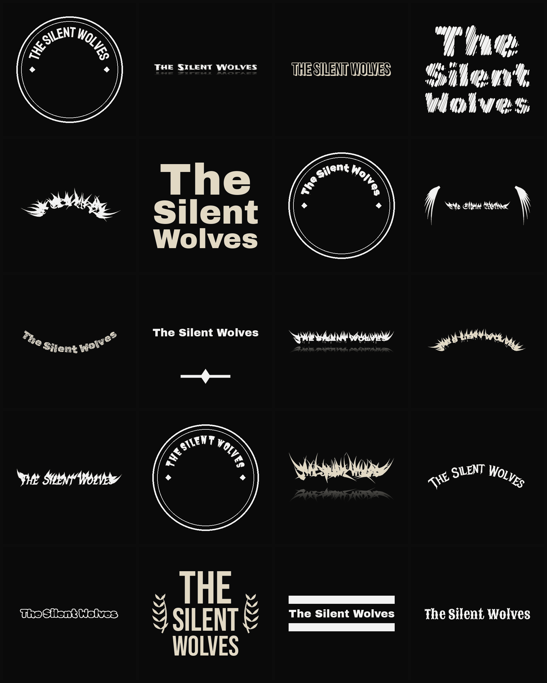 Twenty The Silent Wolves band logo ideas — different faces, treatments and spike settings