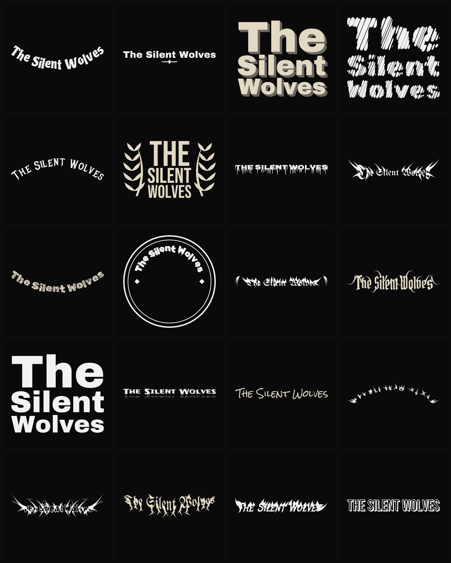 Twenty The Silent Wolves band logo ideas — different faces, treatments and spike settings