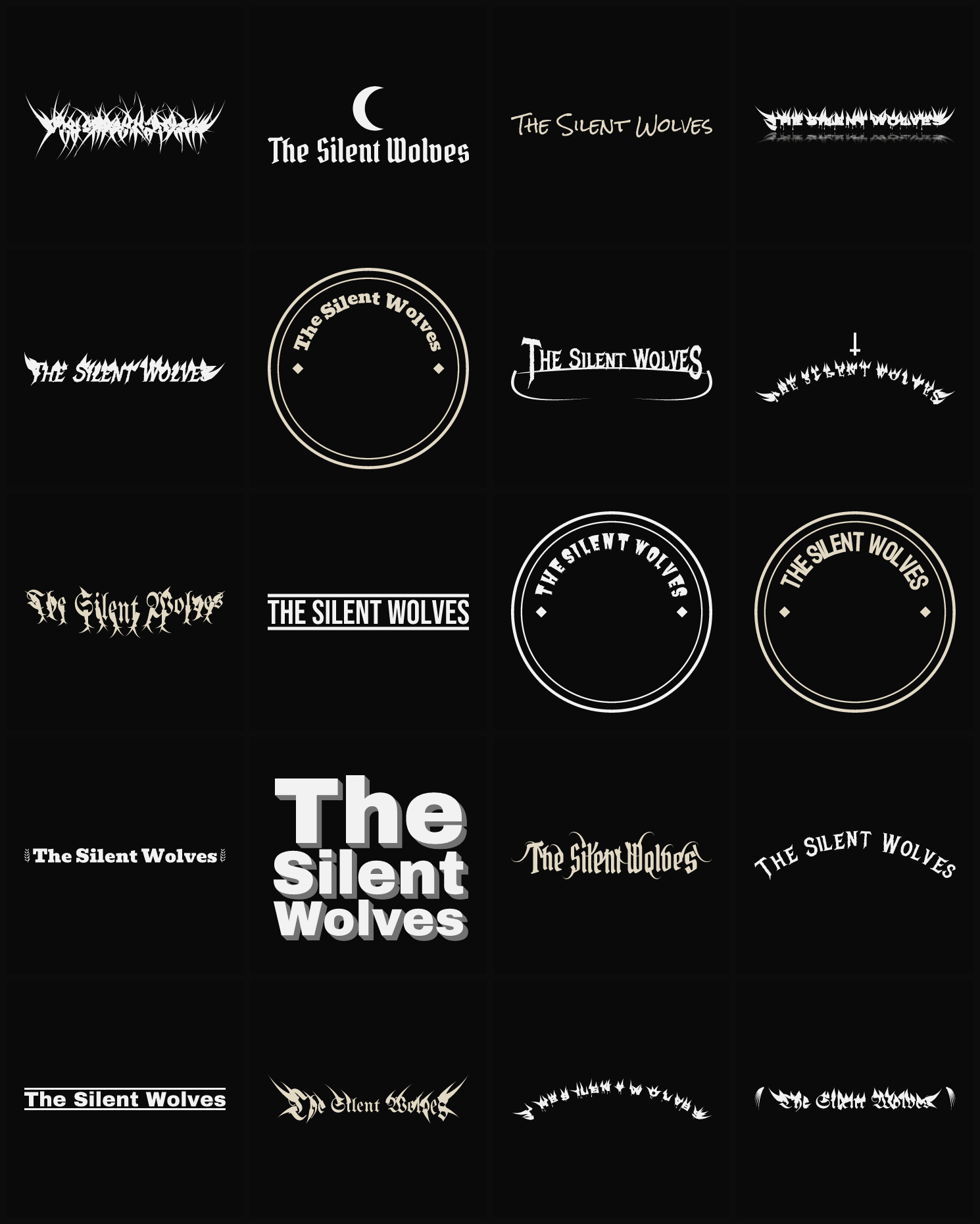 Twenty The Silent Wolves band logo ideas — different faces, treatments and spike settings