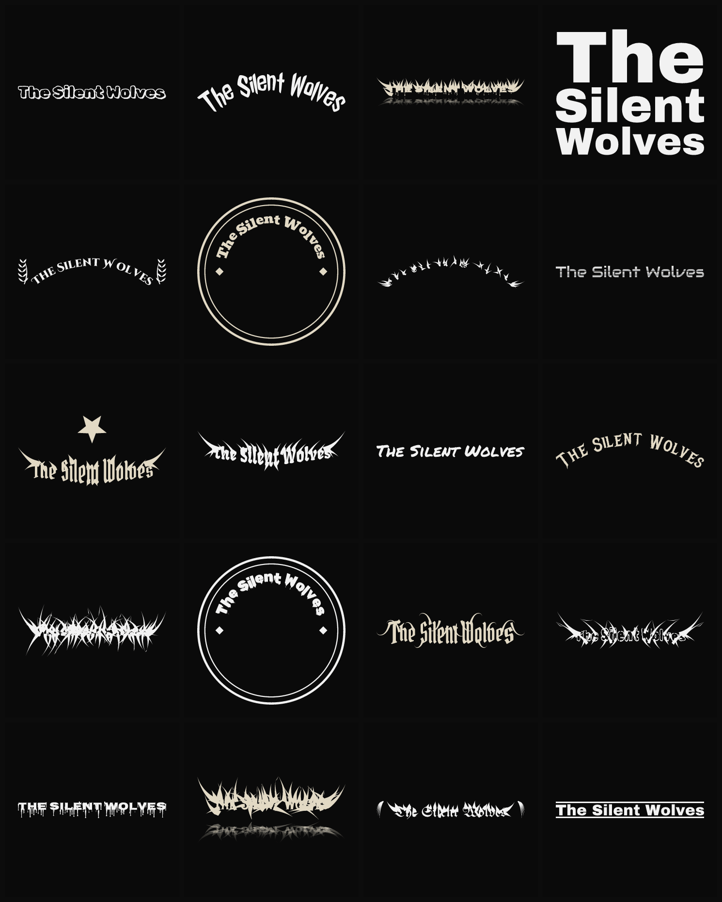 Twenty The Silent Wolves band logo ideas — different faces, treatments and spike settings