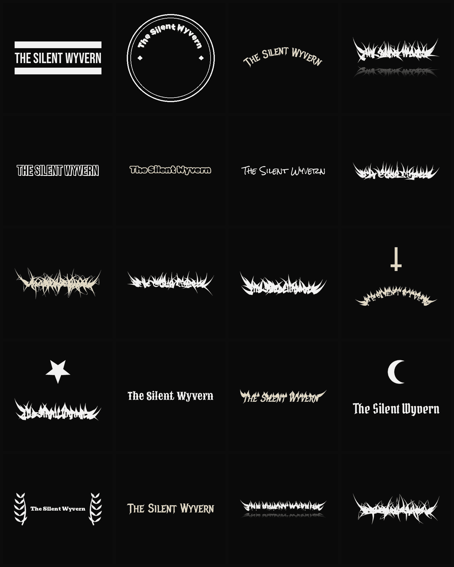 Twenty The Silent Wyvern band logo ideas — different faces, treatments and spike settings