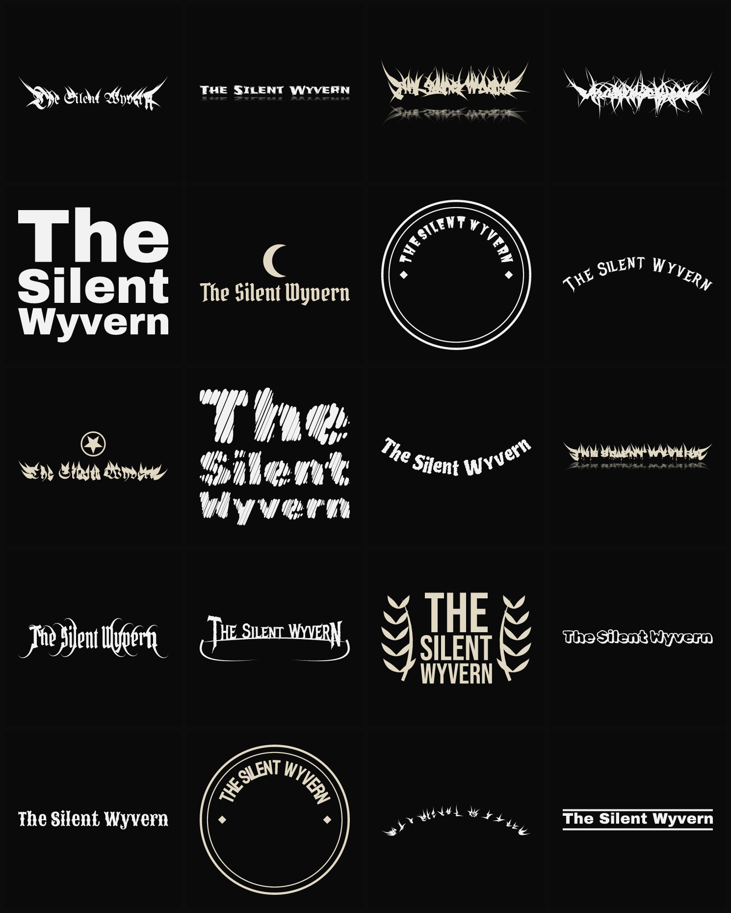 Twenty The Silent Wyvern band logo ideas — different faces, treatments and spike settings