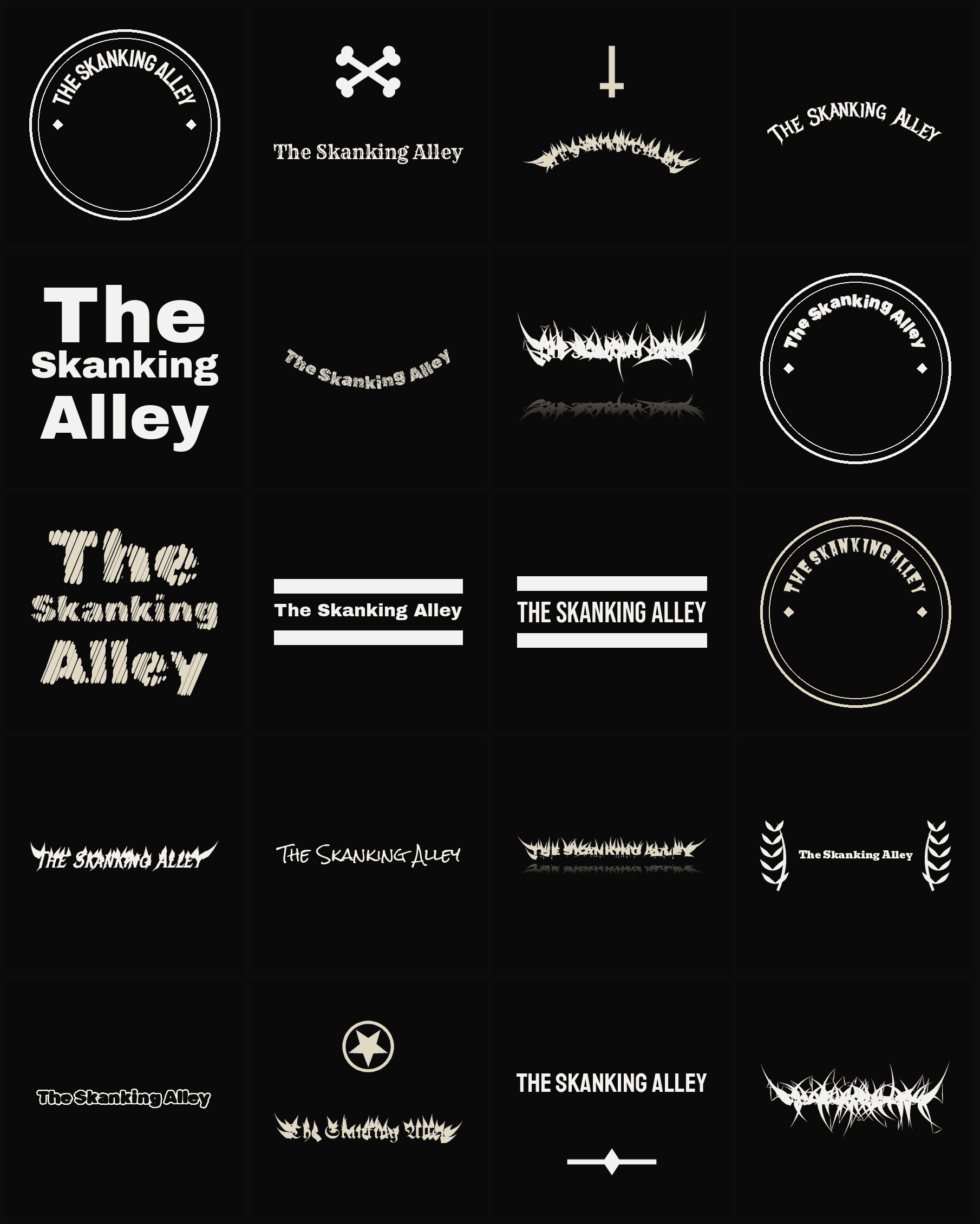 Twenty The Skanking Alley band logo ideas — different faces, treatments and spike settings