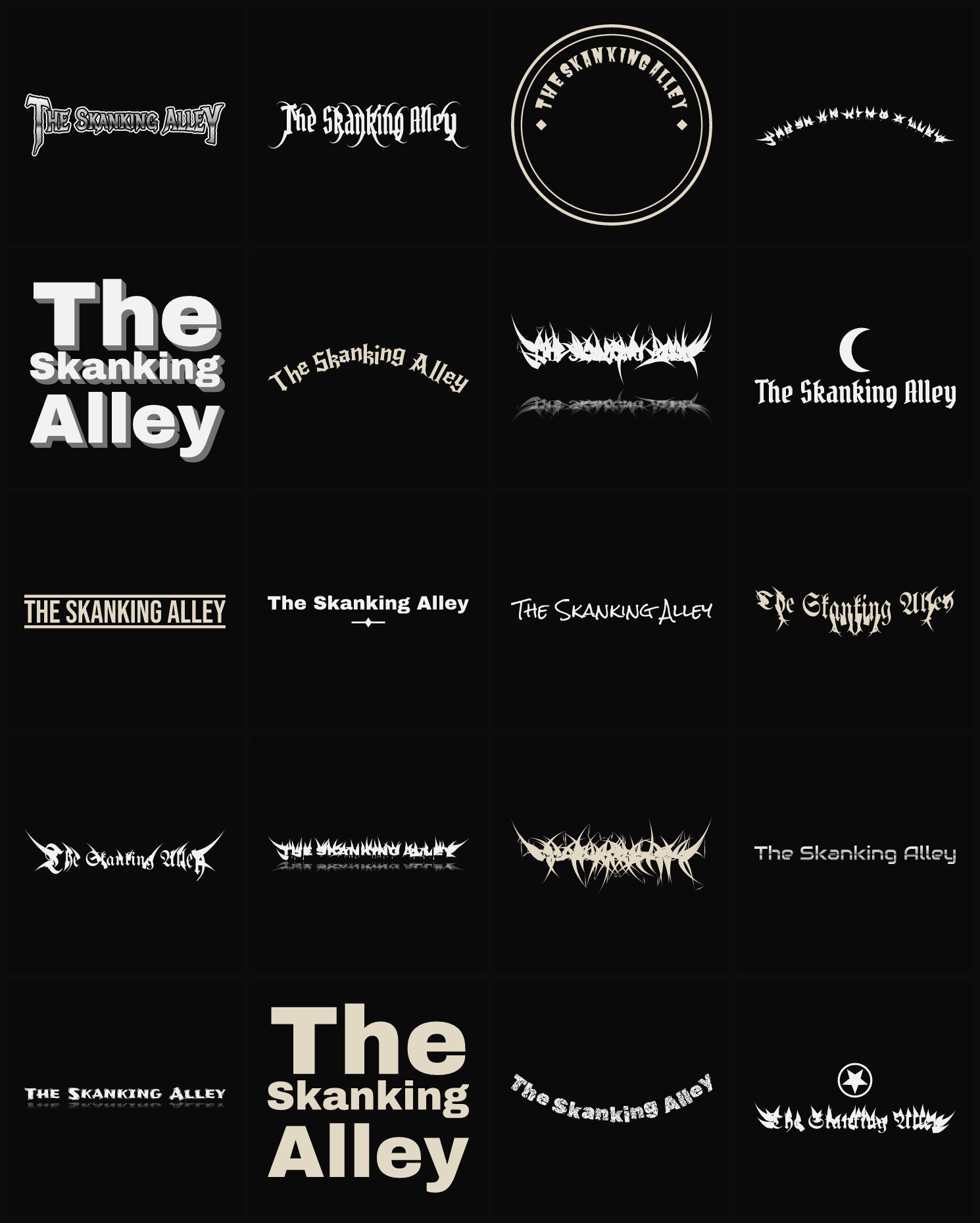 Twenty The Skanking Alley band logo ideas — different faces, treatments and spike settings