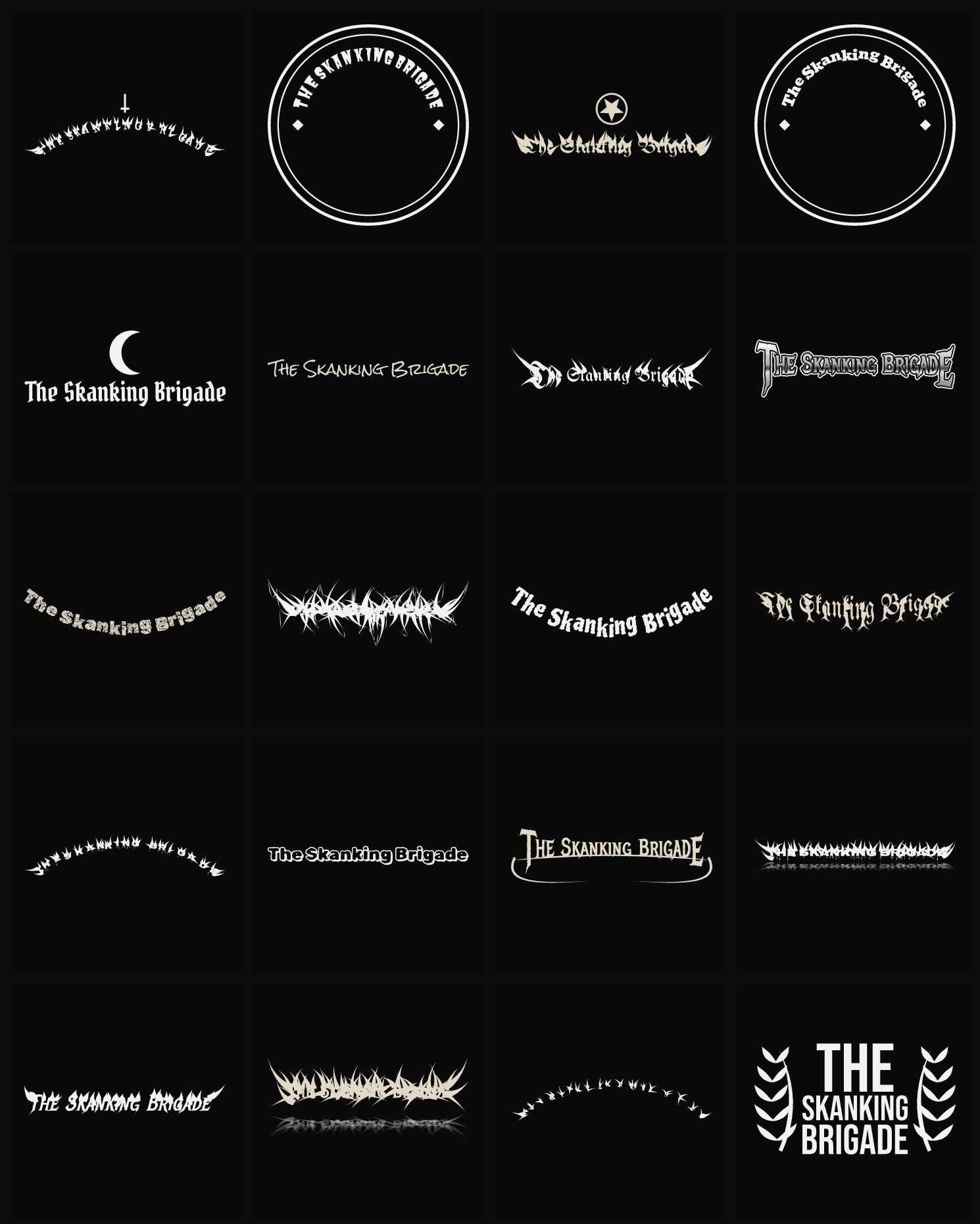 Twenty The Skanking Brigade band logo ideas — different faces, treatments and spike settings