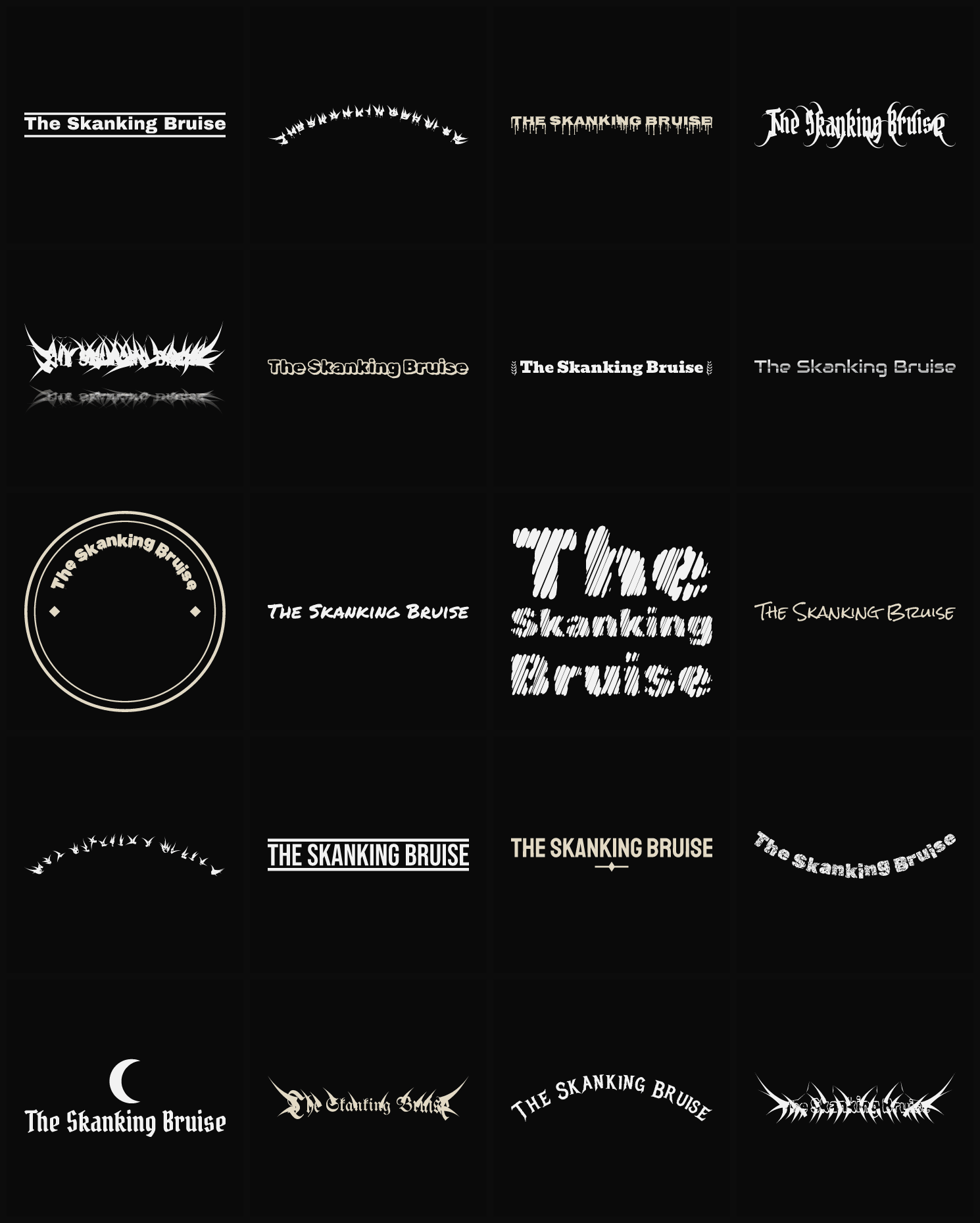 Twenty The Skanking Bruise band logo ideas — different faces, treatments and spike settings