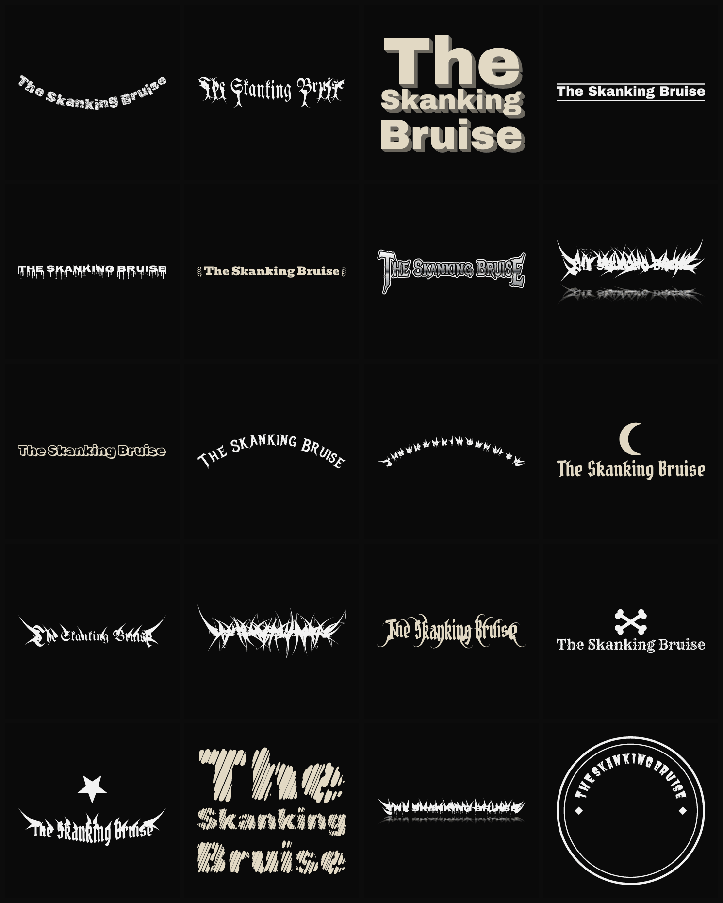 Twenty The Skanking Bruise band logo ideas — different faces, treatments and spike settings