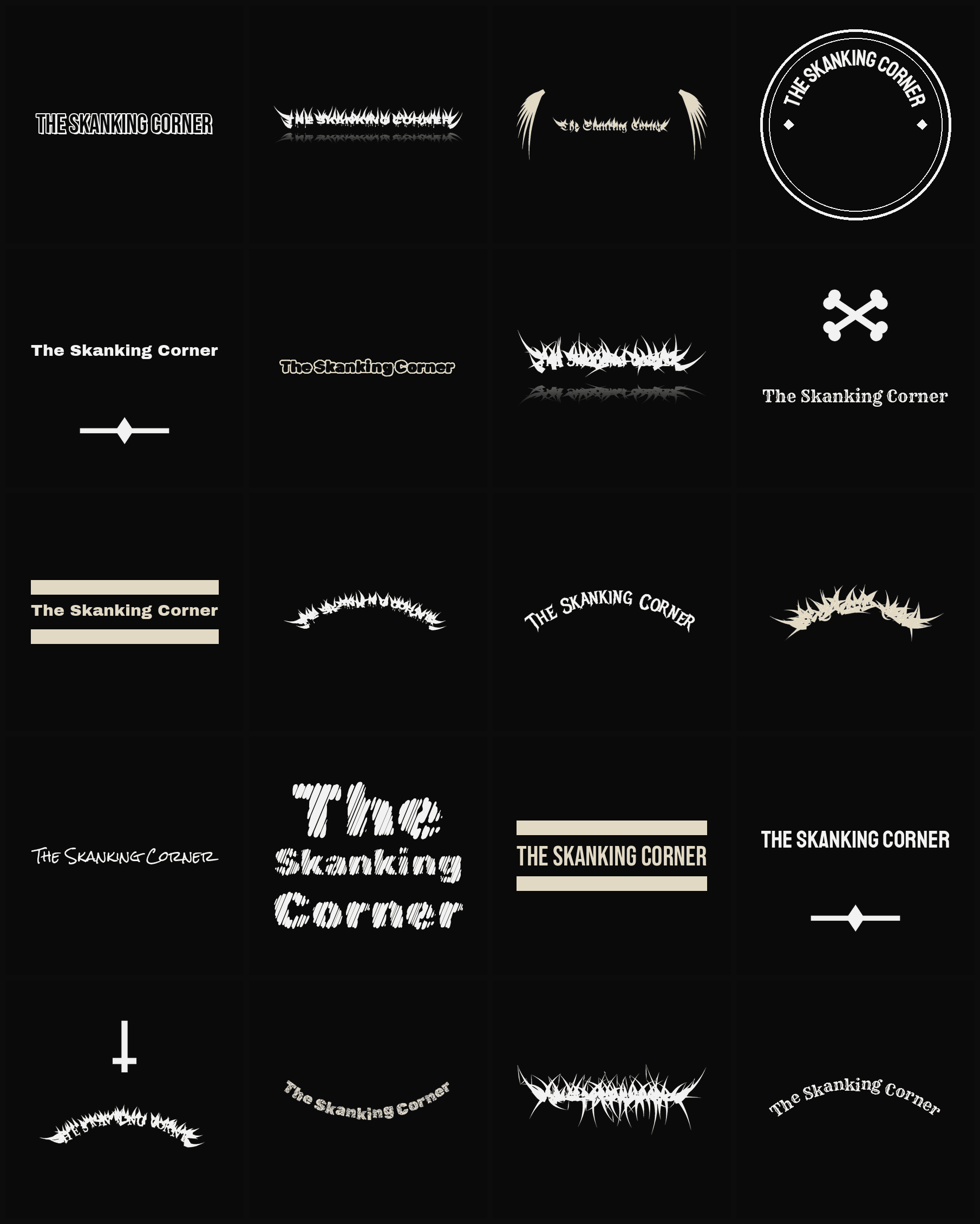 Twenty The Skanking Corner band logo ideas — different faces, treatments and spike settings