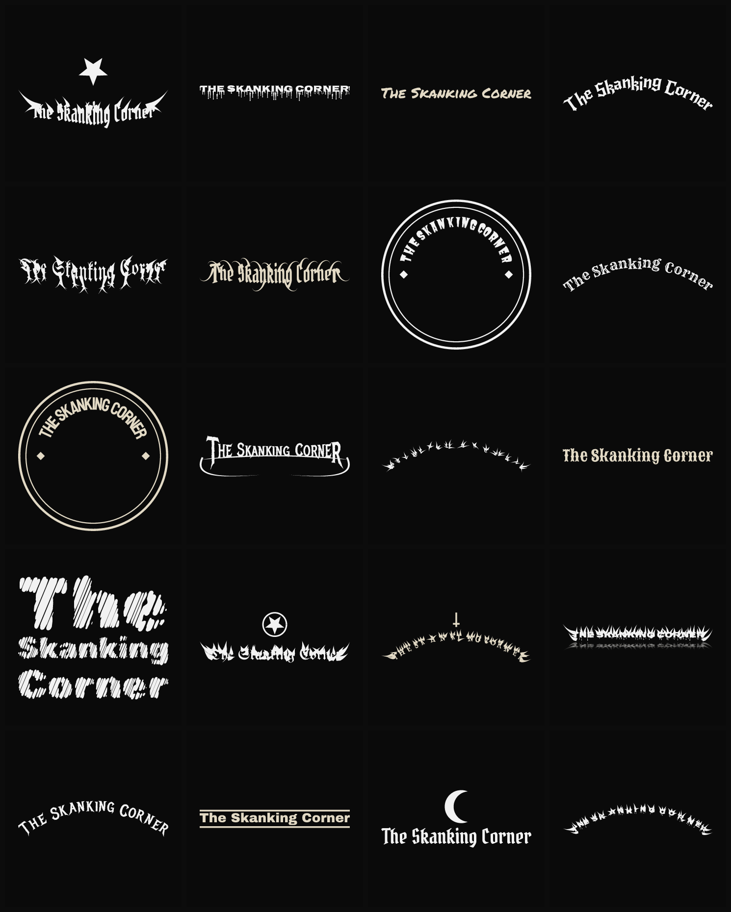 Twenty The Skanking Corner band logo ideas — different faces, treatments and spike settings
