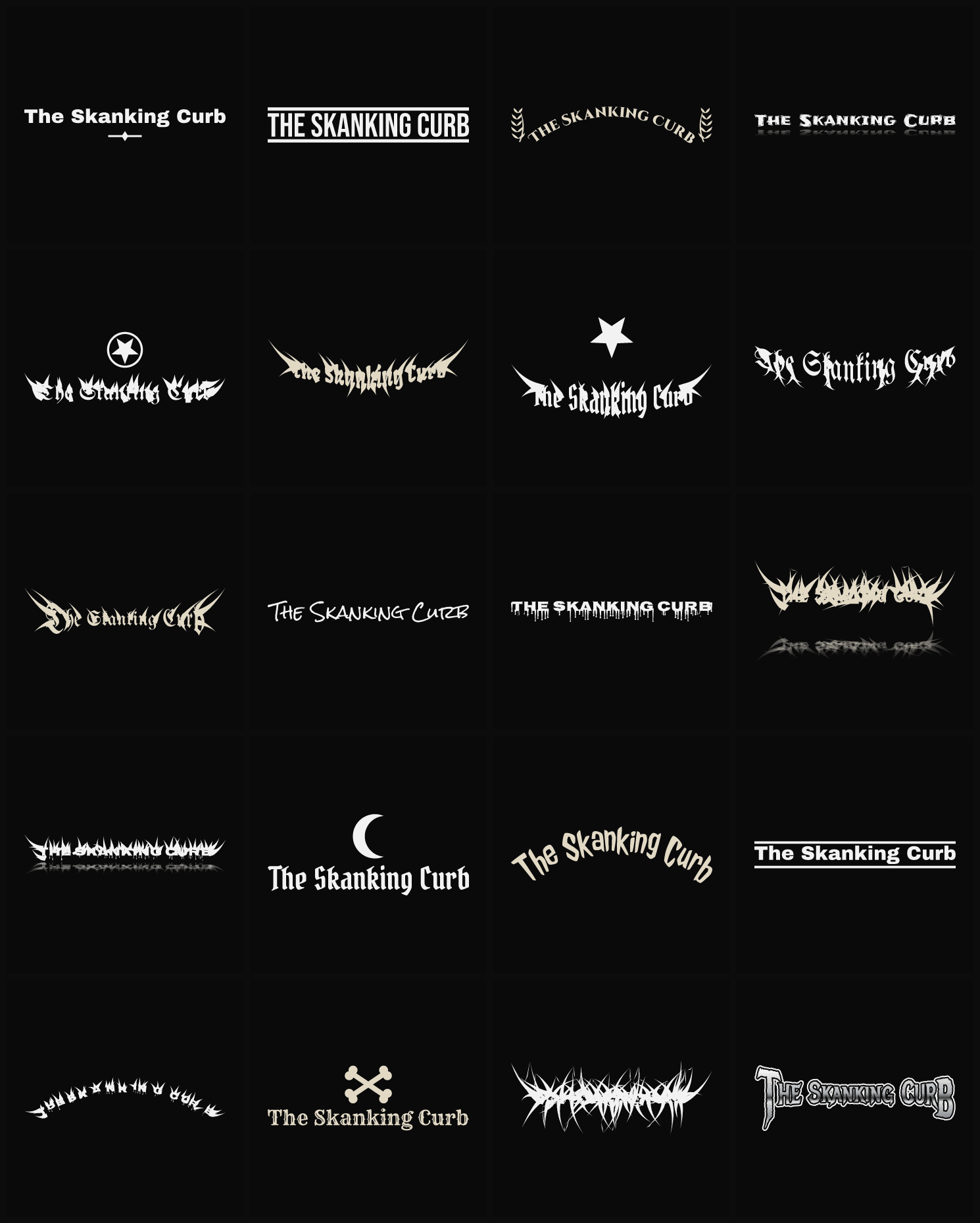 Twenty The Skanking Curb band logo ideas — different faces, treatments and spike settings