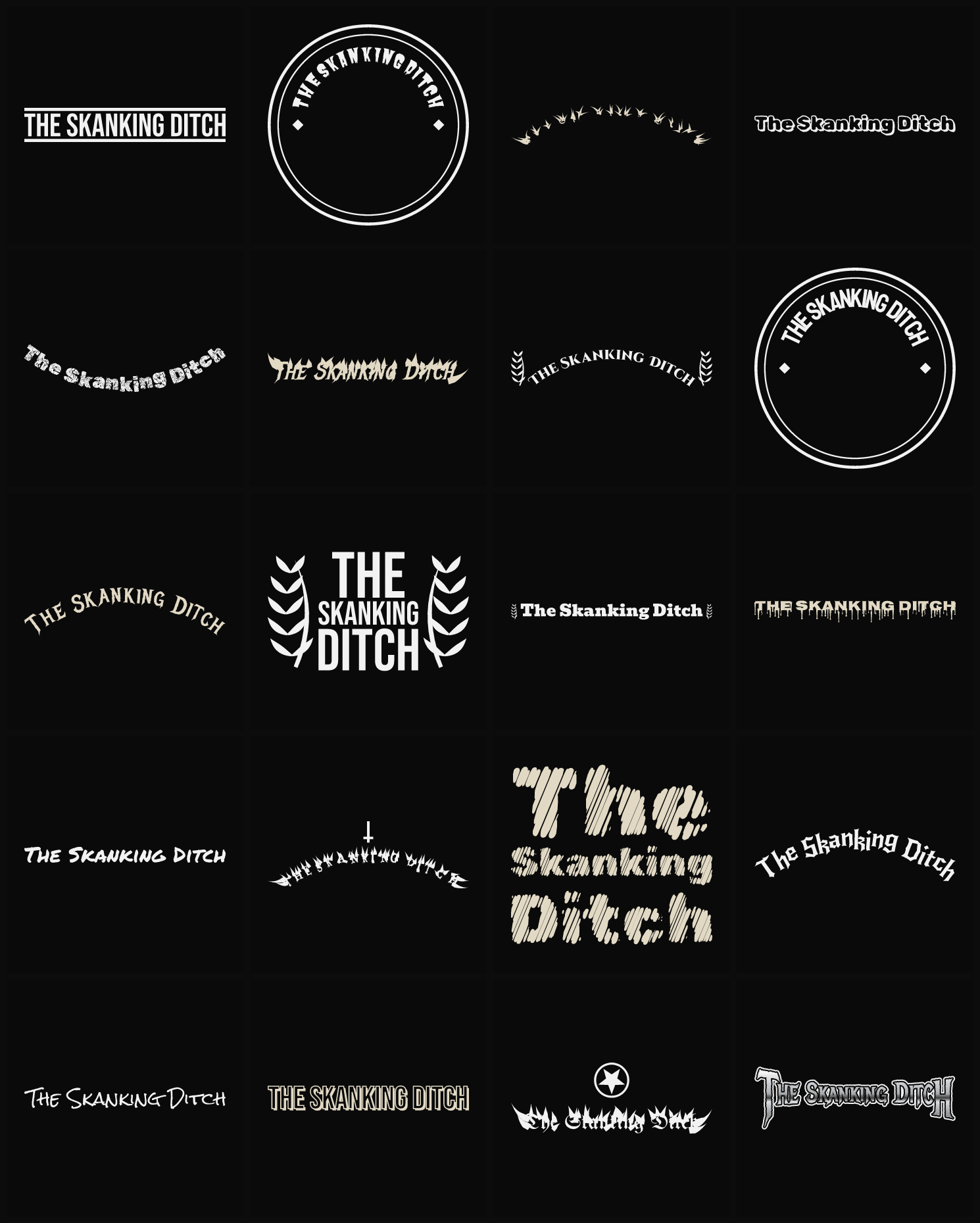 Twenty The Skanking Ditch band logo ideas — different faces, treatments and spike settings