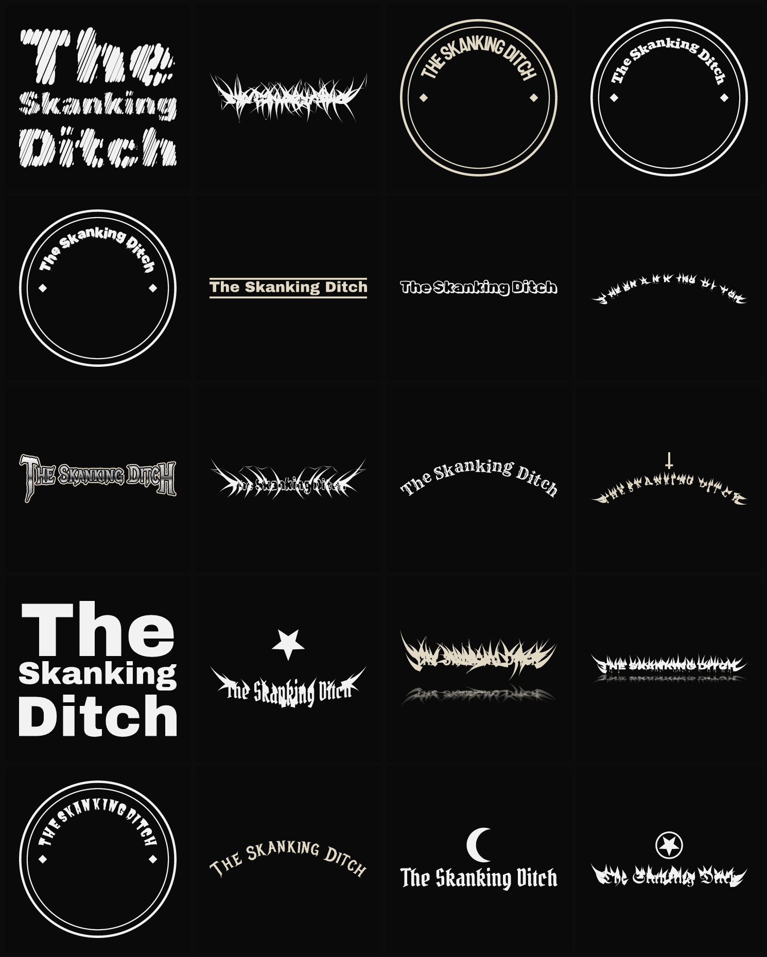 Twenty The Skanking Ditch band logo ideas — different faces, treatments and spike settings