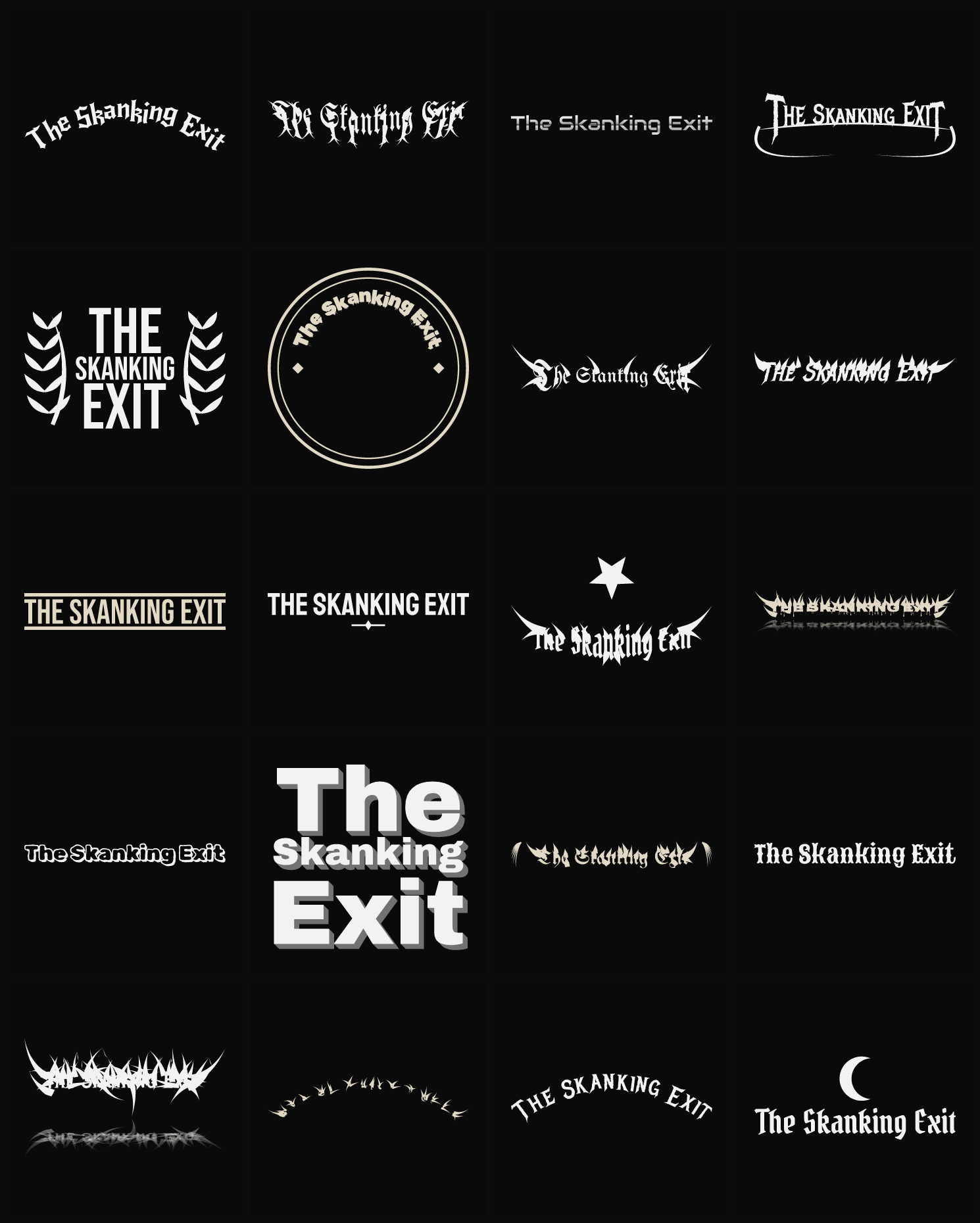 Twenty The Skanking Exit band logo ideas — different faces, treatments and spike settings