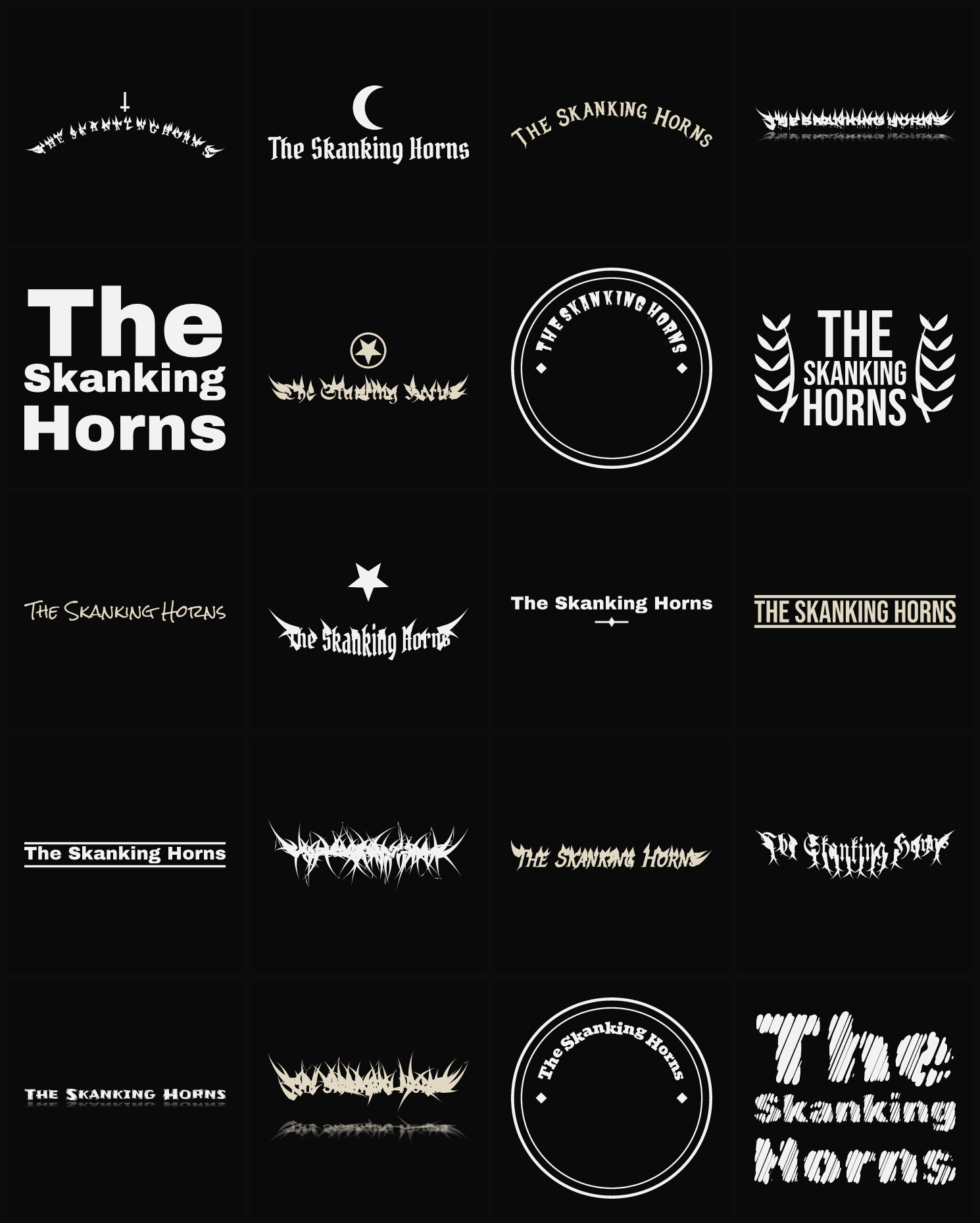 Twenty The Skanking Horns band logo ideas — different faces, treatments and spike settings