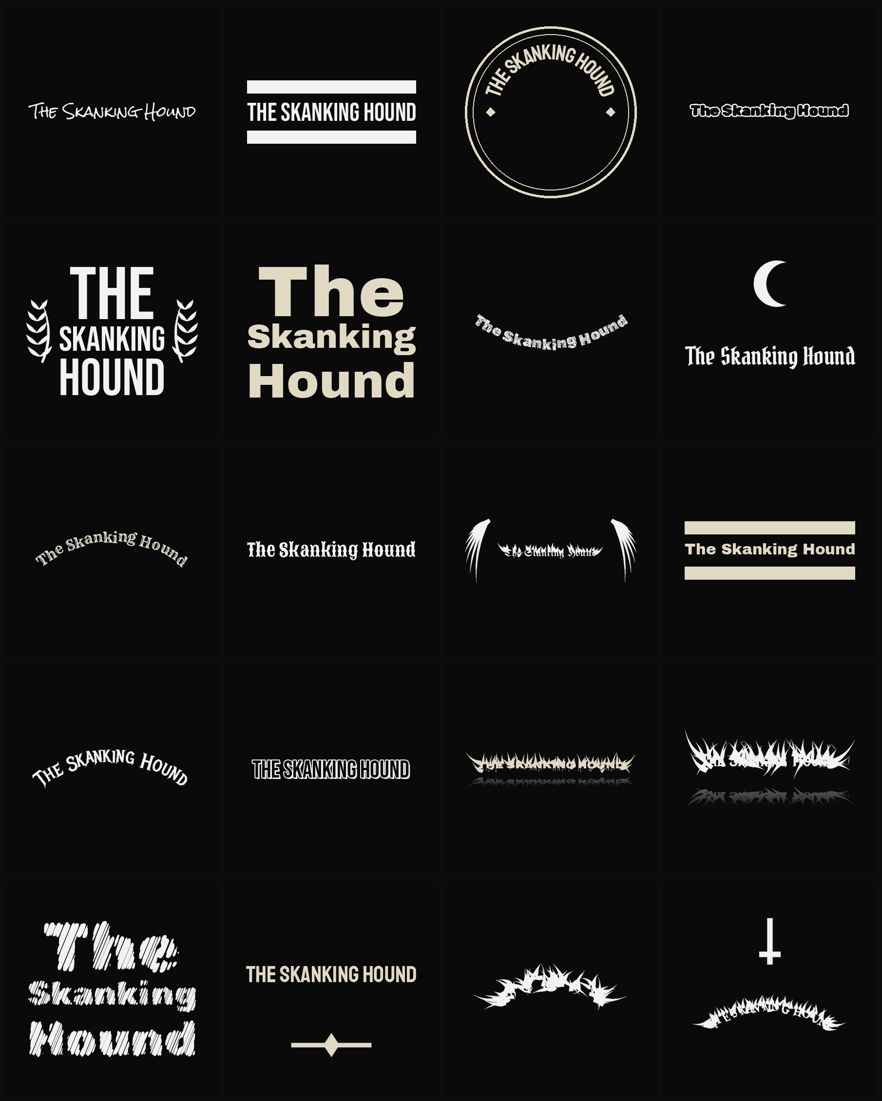 Twenty The Skanking Hound band logo ideas — different faces, treatments and spike settings