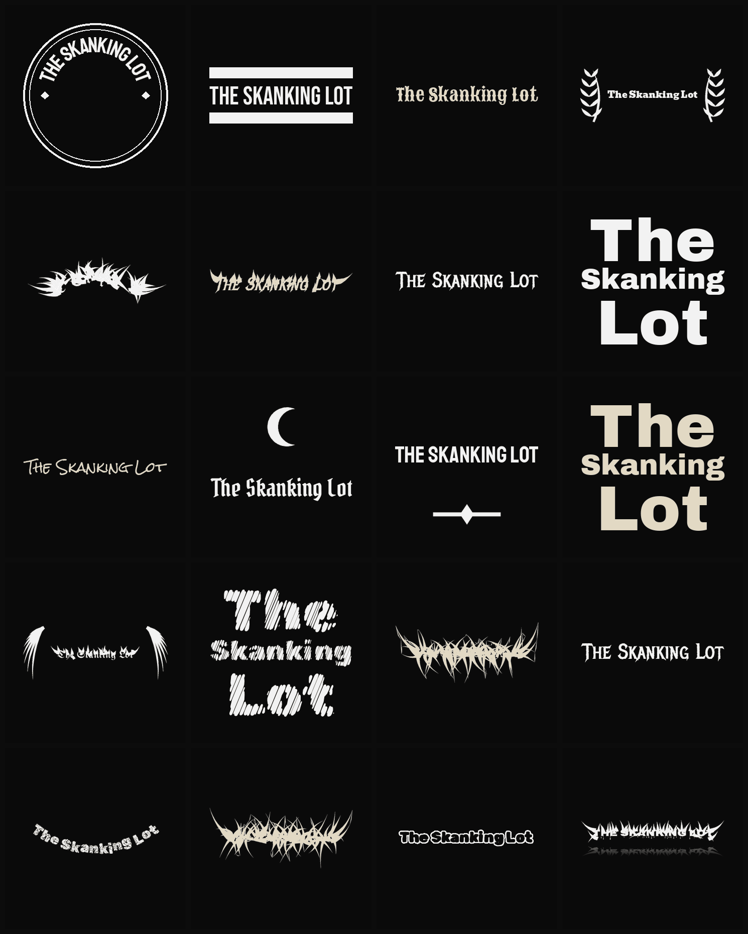 Twenty The Skanking Lot band logo ideas — different faces, treatments and spike settings